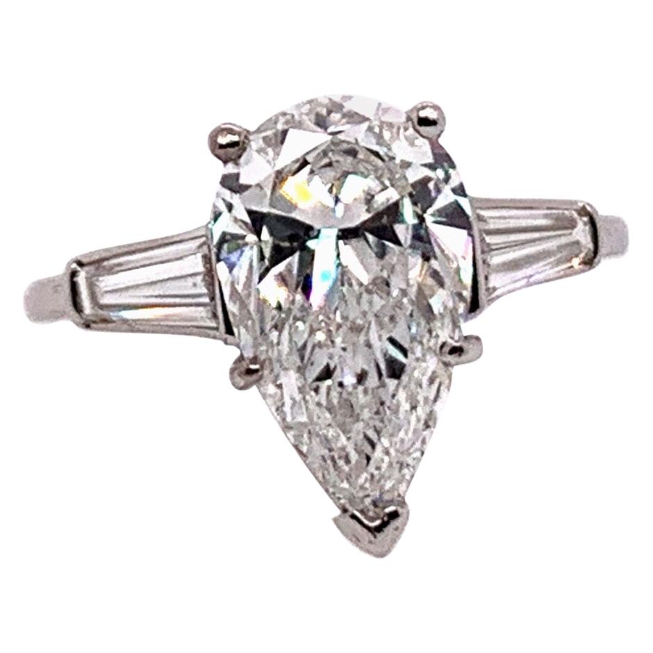 Platinum GIA Certified 3.30 Carat F SI1 XX Pear Shape and Baguette Ring