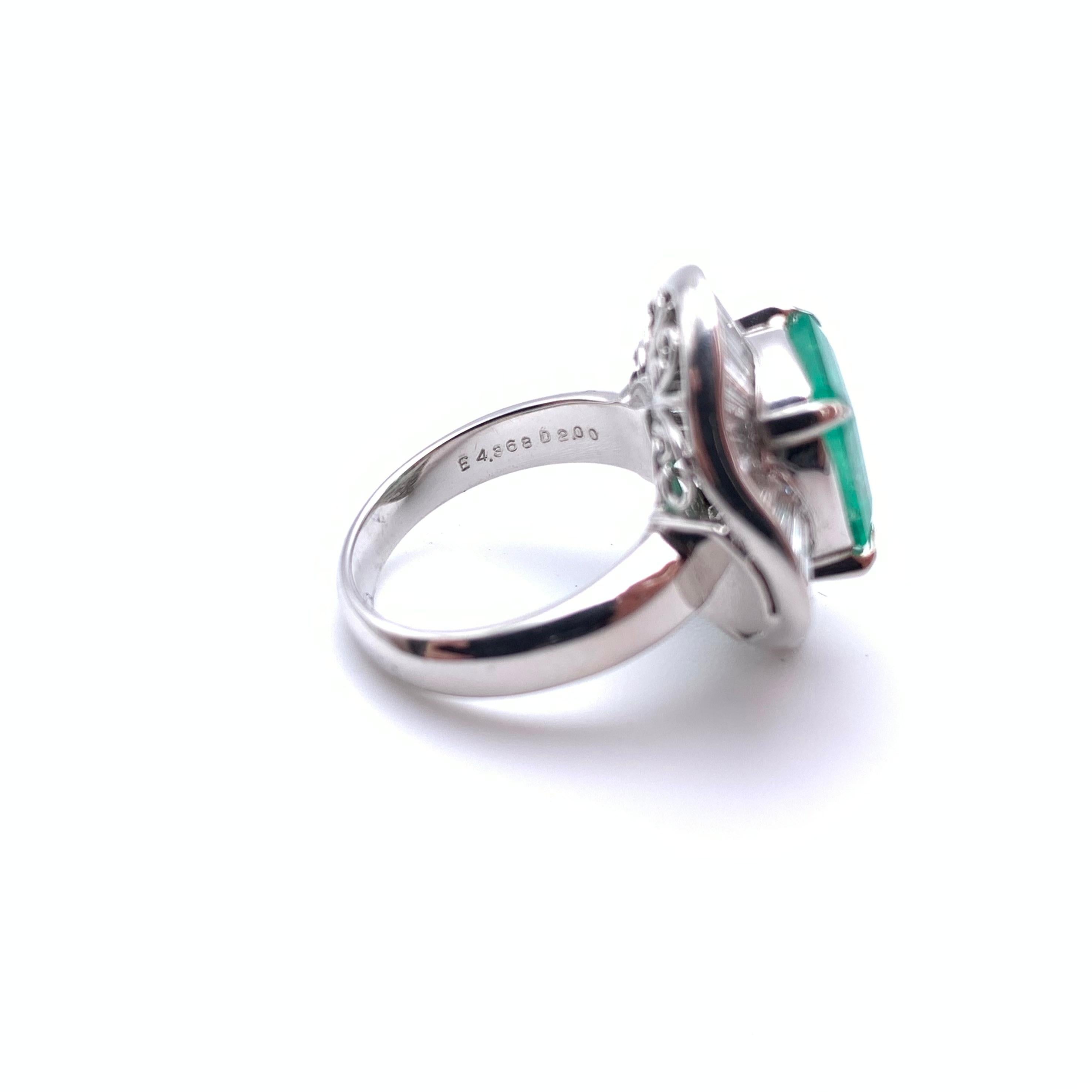 Retro Platinum GIA Certified 4.37 CT Columbian Emerald & Diamond Ballerina Ring
