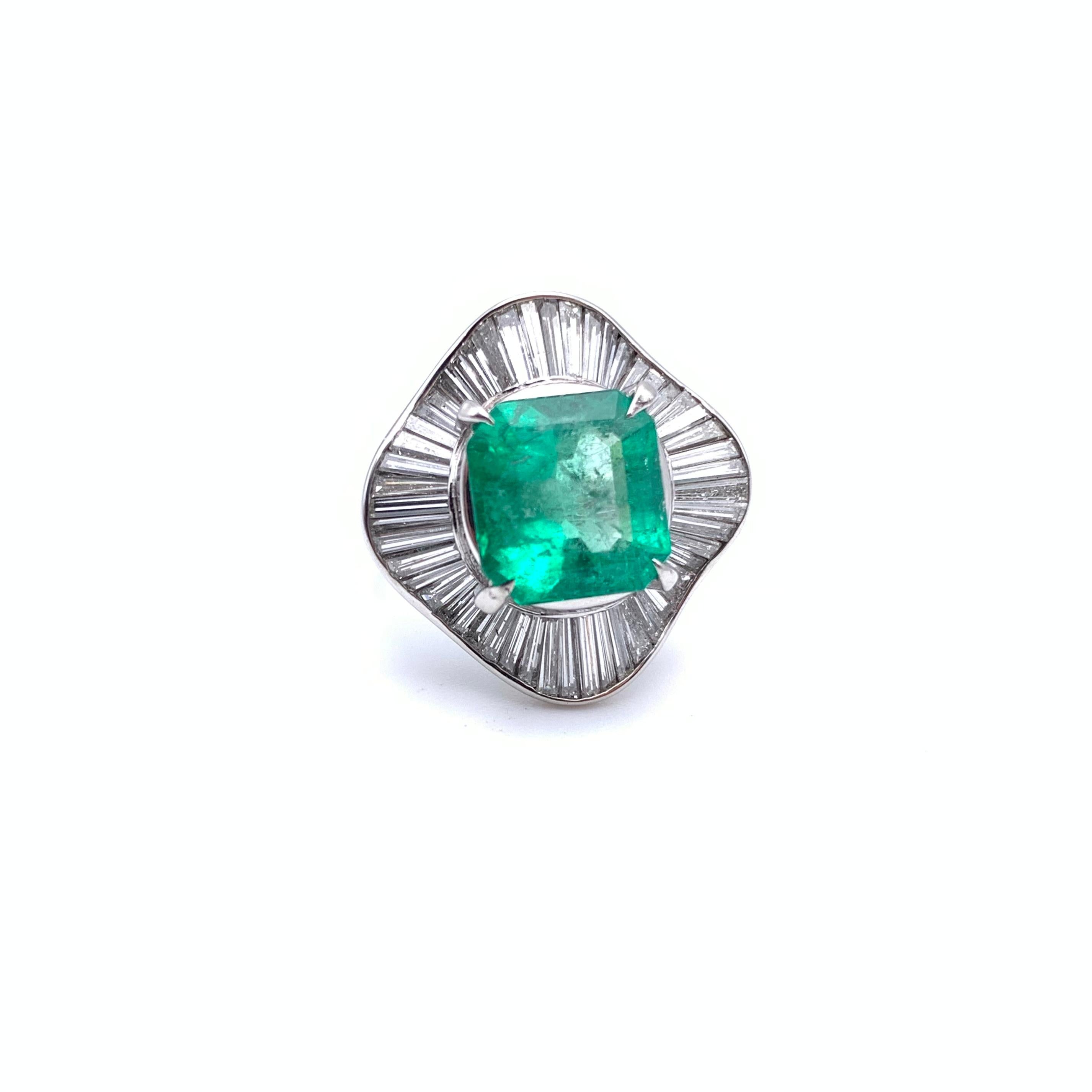 Women's Platinum GIA Certified 4.37 CT Columbian Emerald & Diamond Ballerina Ring