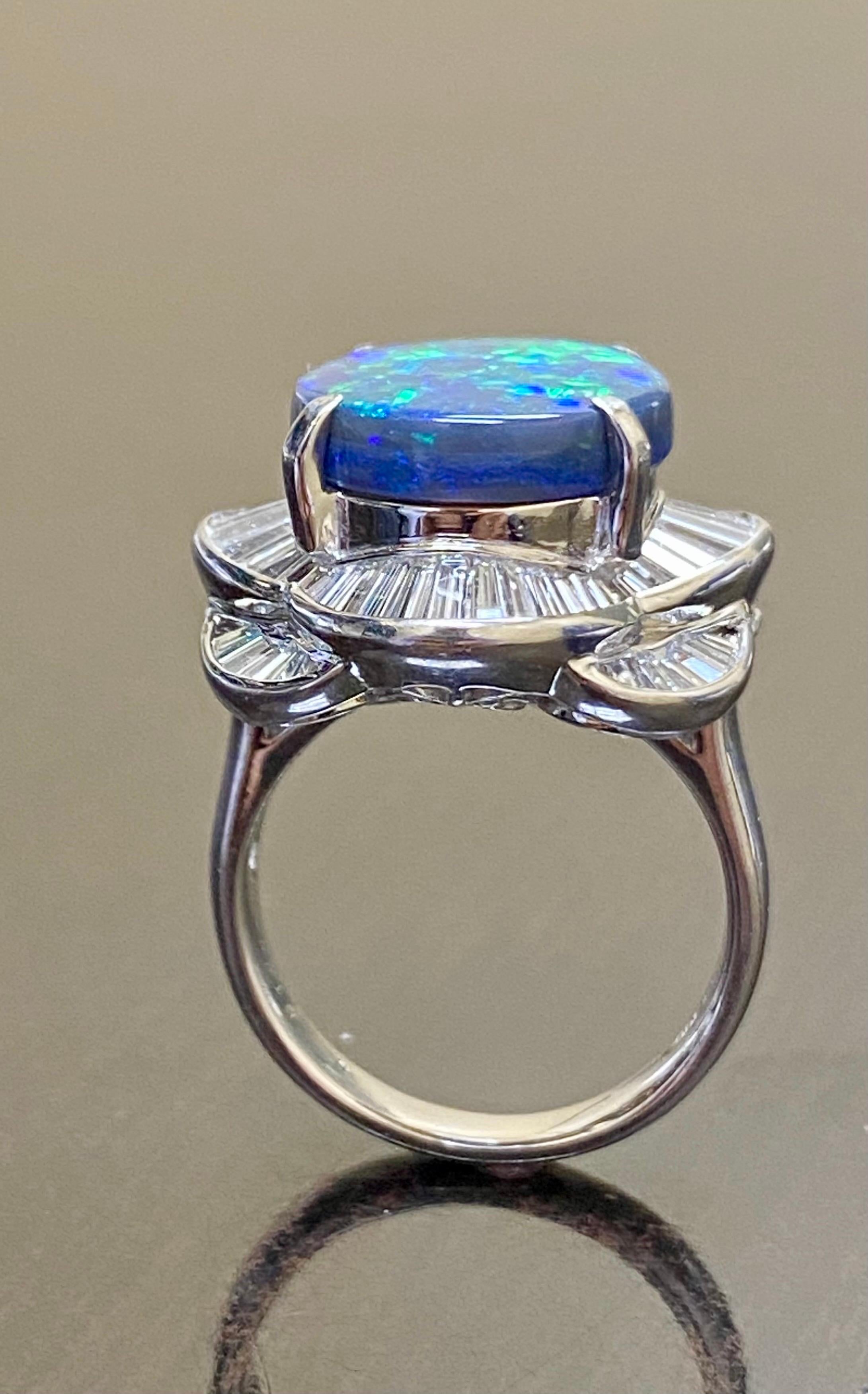 Art Deco Platinum GIA Certified 6.78 Carat Lightning Ridge Black Opal Engagement Ring For Sale