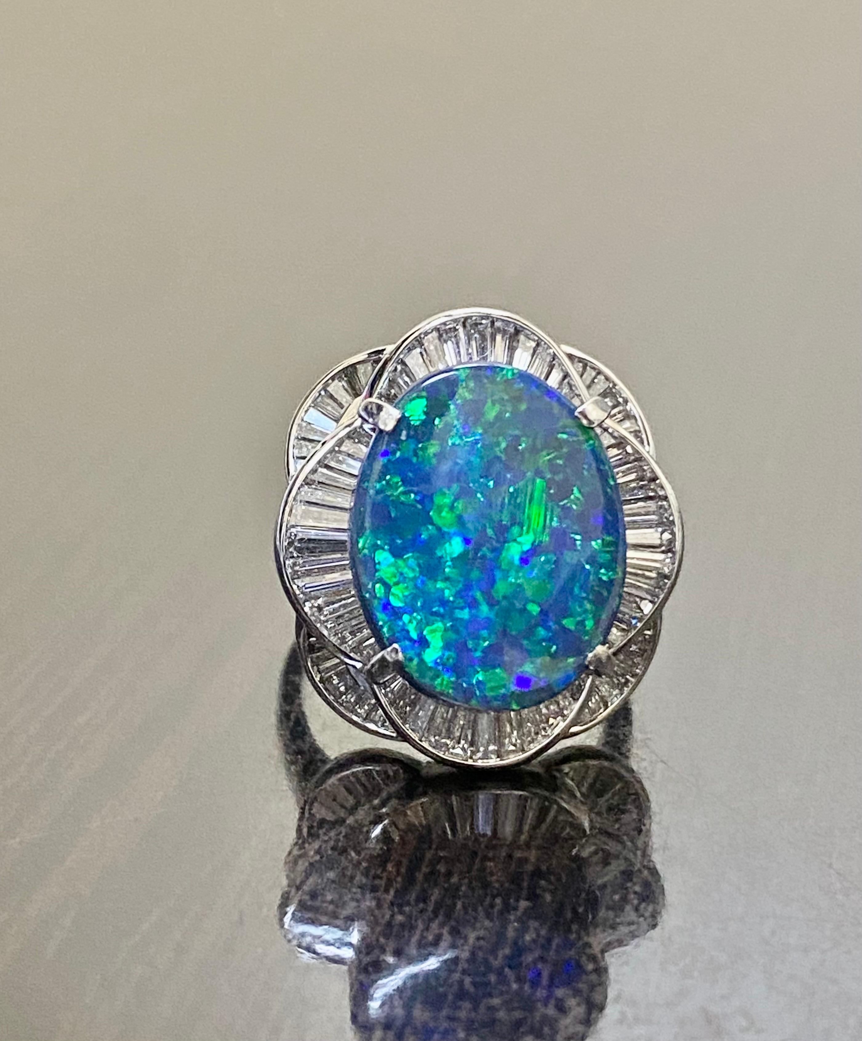 Oval Cut Platinum GIA Certified 6.78 Carat Lightning Ridge Black Opal Engagement Ring For Sale