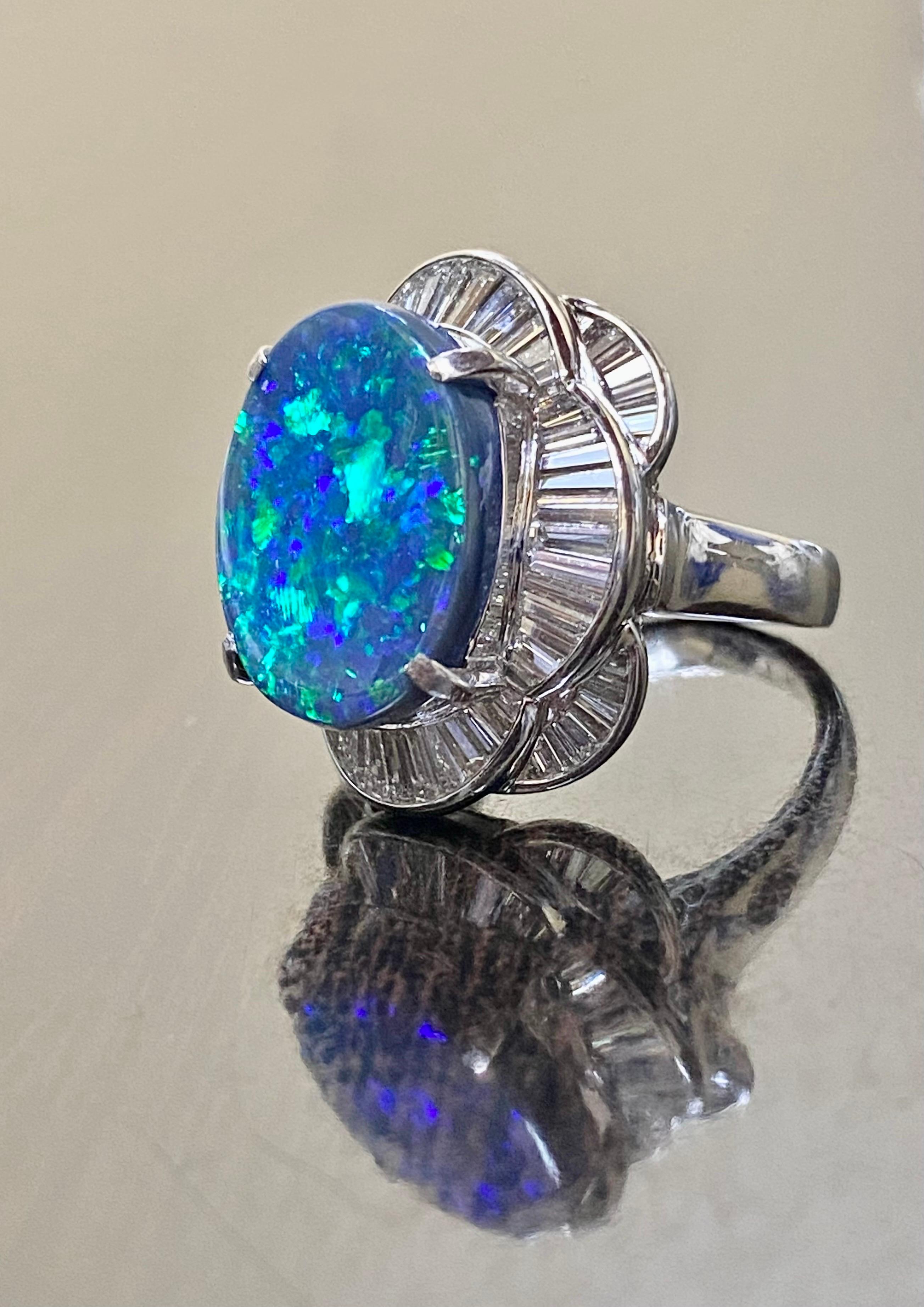 Platinum GIA Certified 6.78 Carat Lightning Ridge Black Opal Engagement Ring In New Condition For Sale In Los Angeles, CA