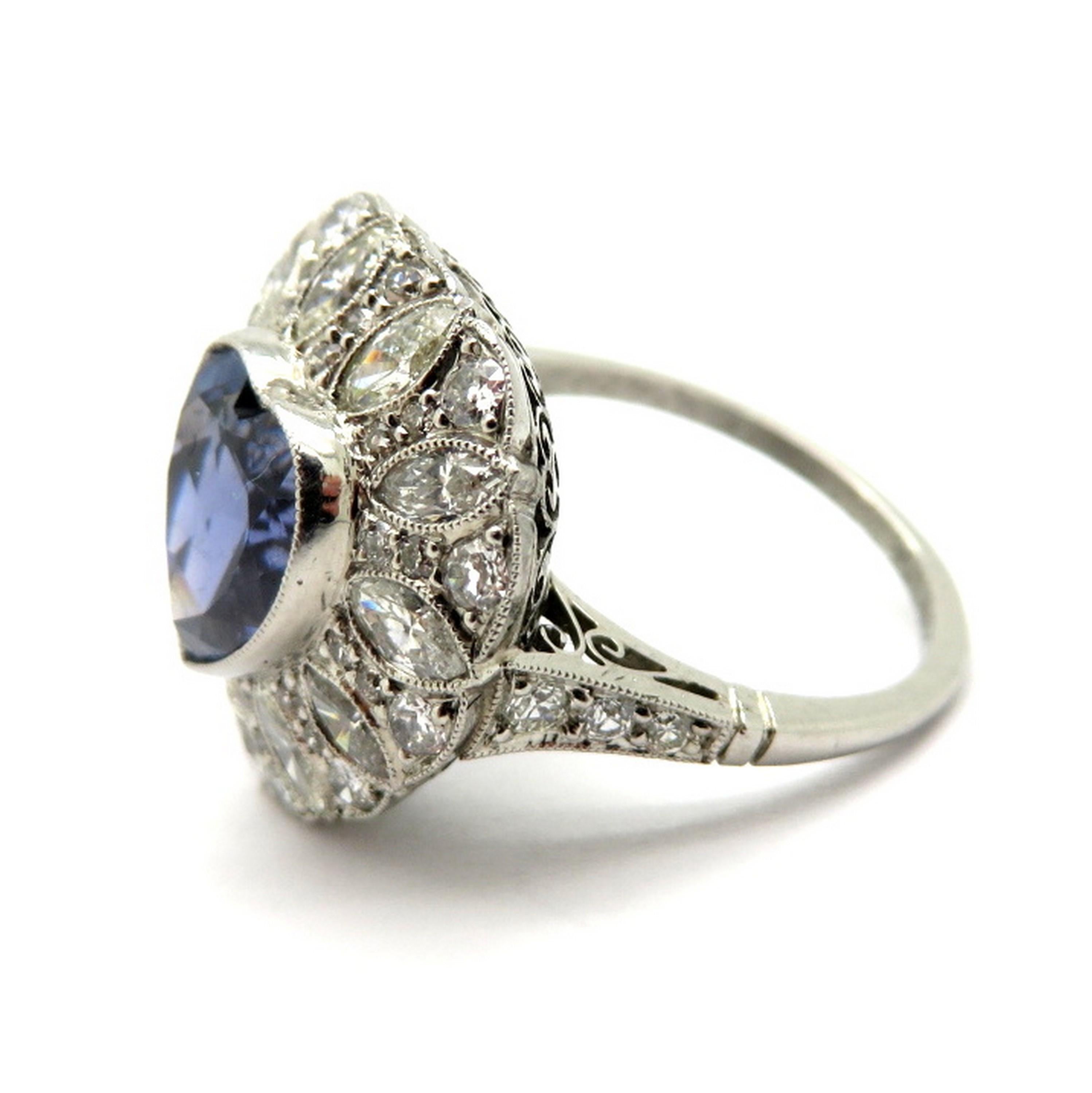 Platinum GIA Certified Art Deco Style Bluish Violet Sapphire Heart Diamond Ring In Excellent Condition In Scottsdale, AZ