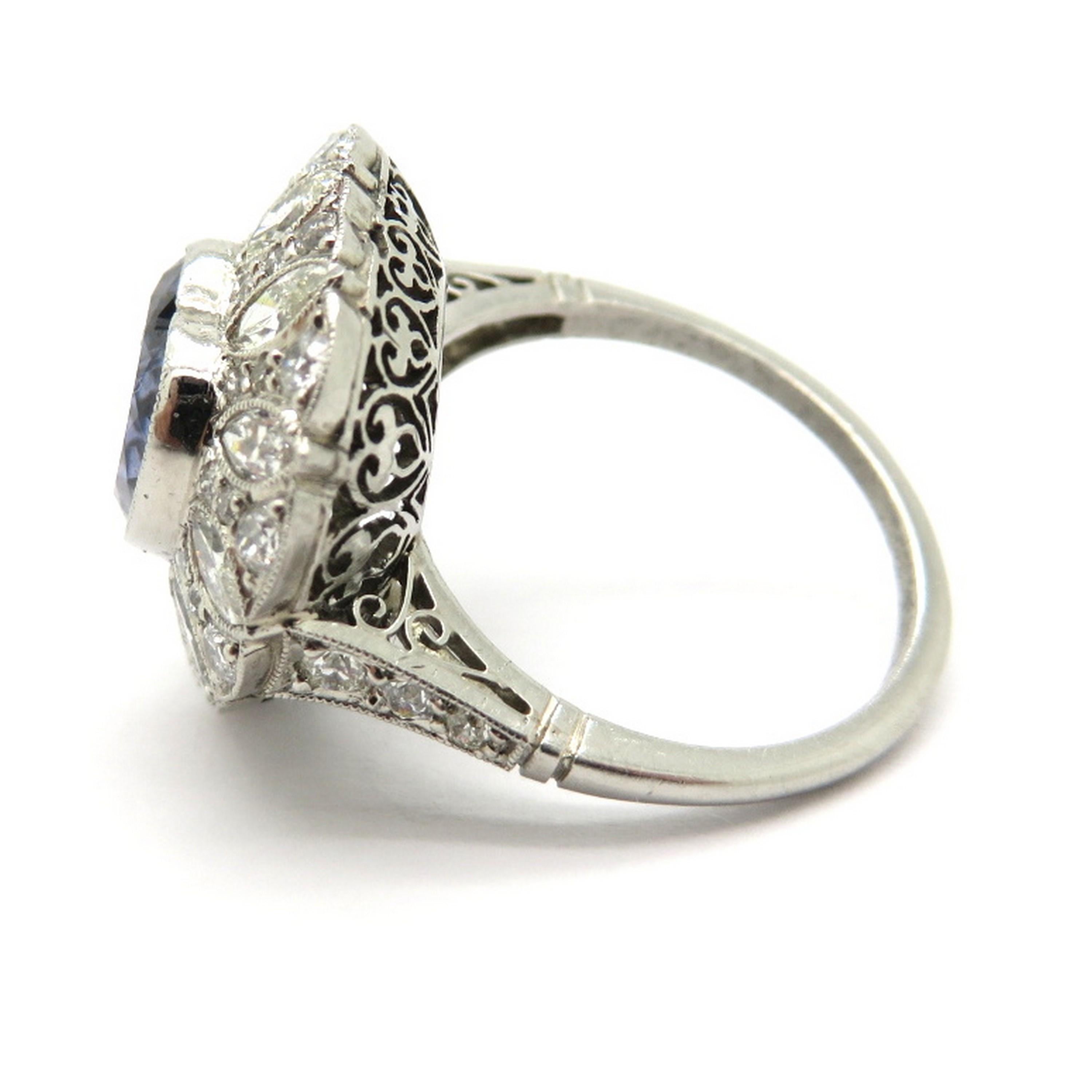 Women's or Men's Platinum GIA Certified Art Deco Style Bluish Violet Sapphire Heart Diamond Ring