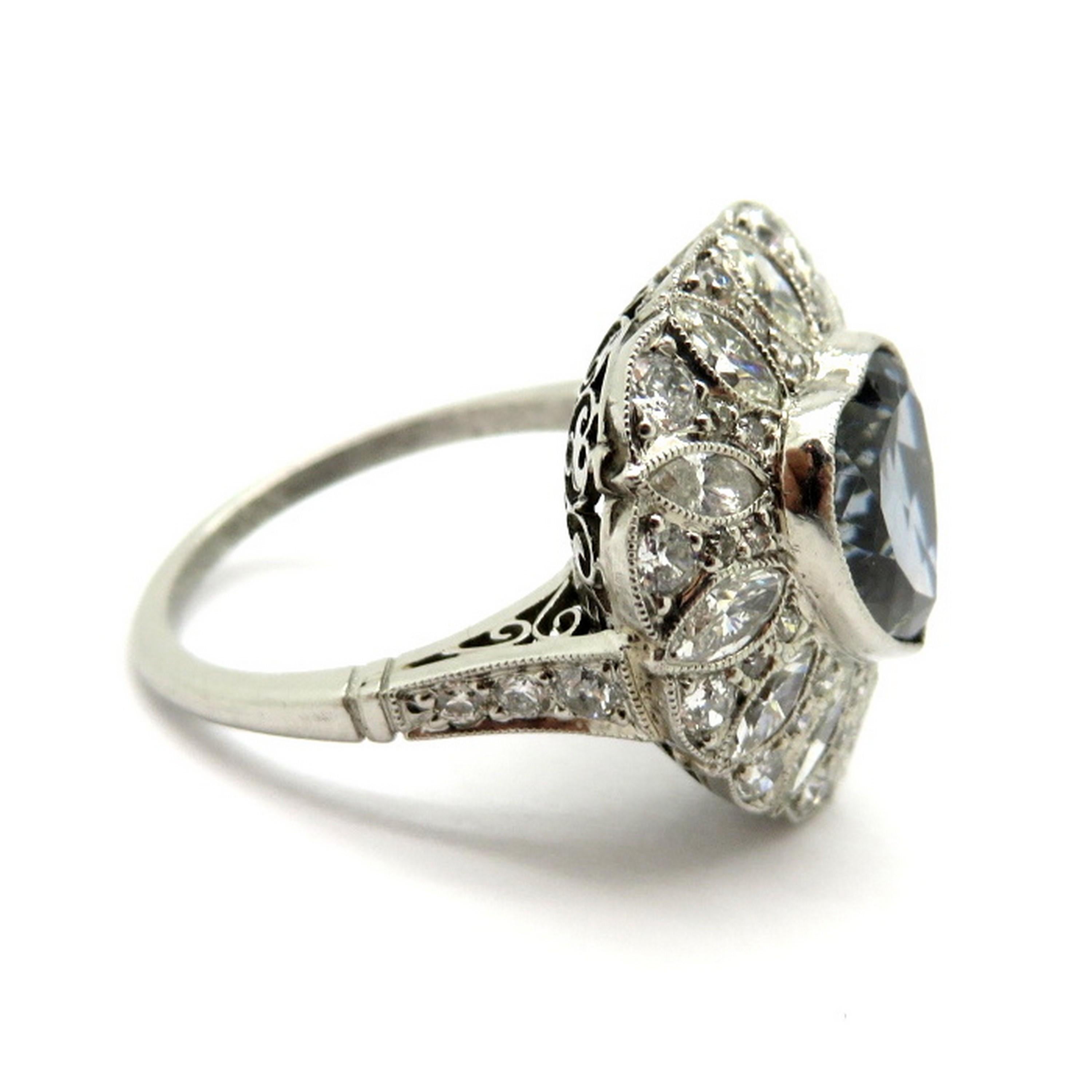 Platinum GIA Certified Art Deco Style Bluish Violet Sapphire Heart Diamond Ring 1