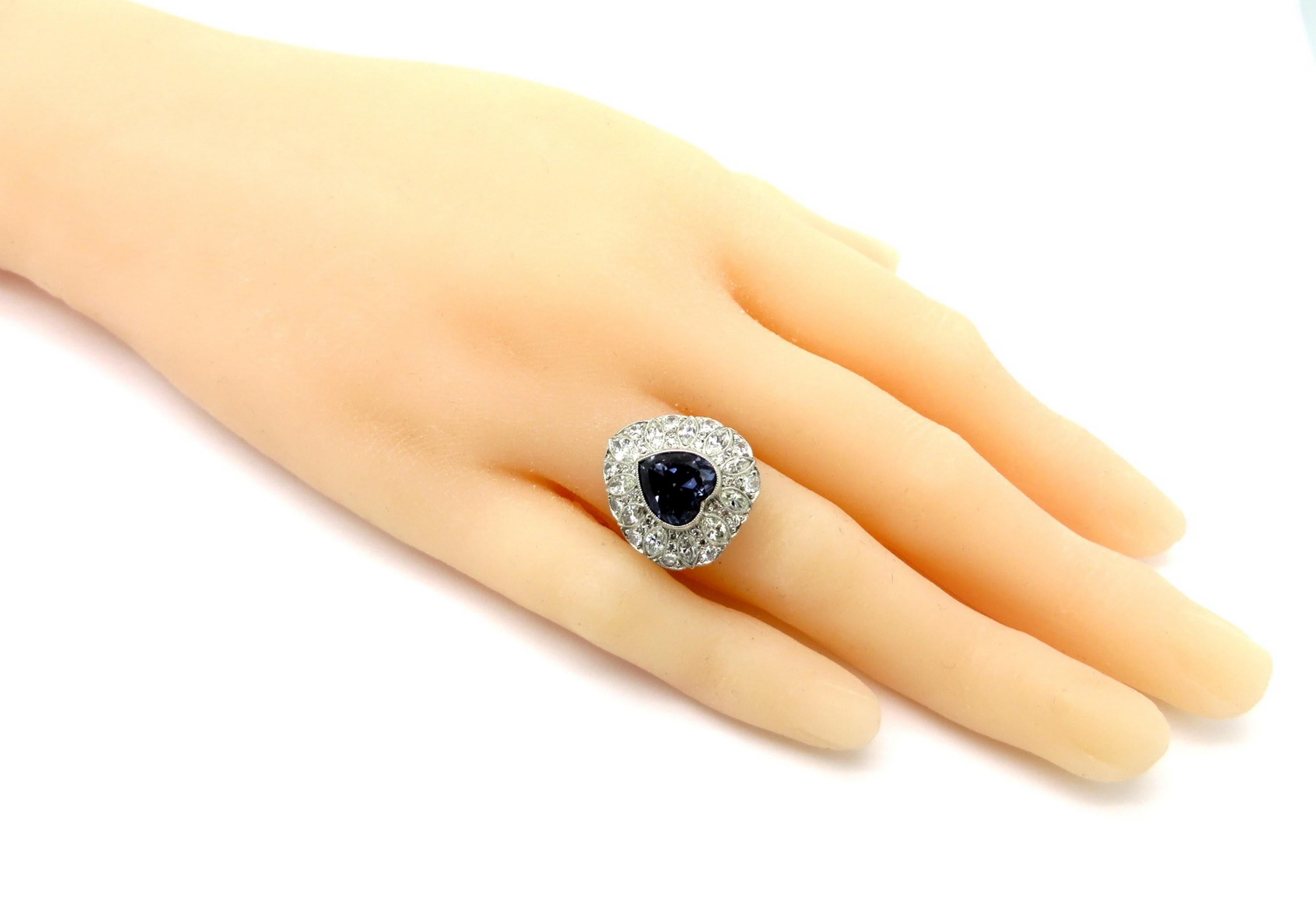 Platinum GIA Certified Art Deco Style Bluish Violet Sapphire Heart Diamond Ring 3