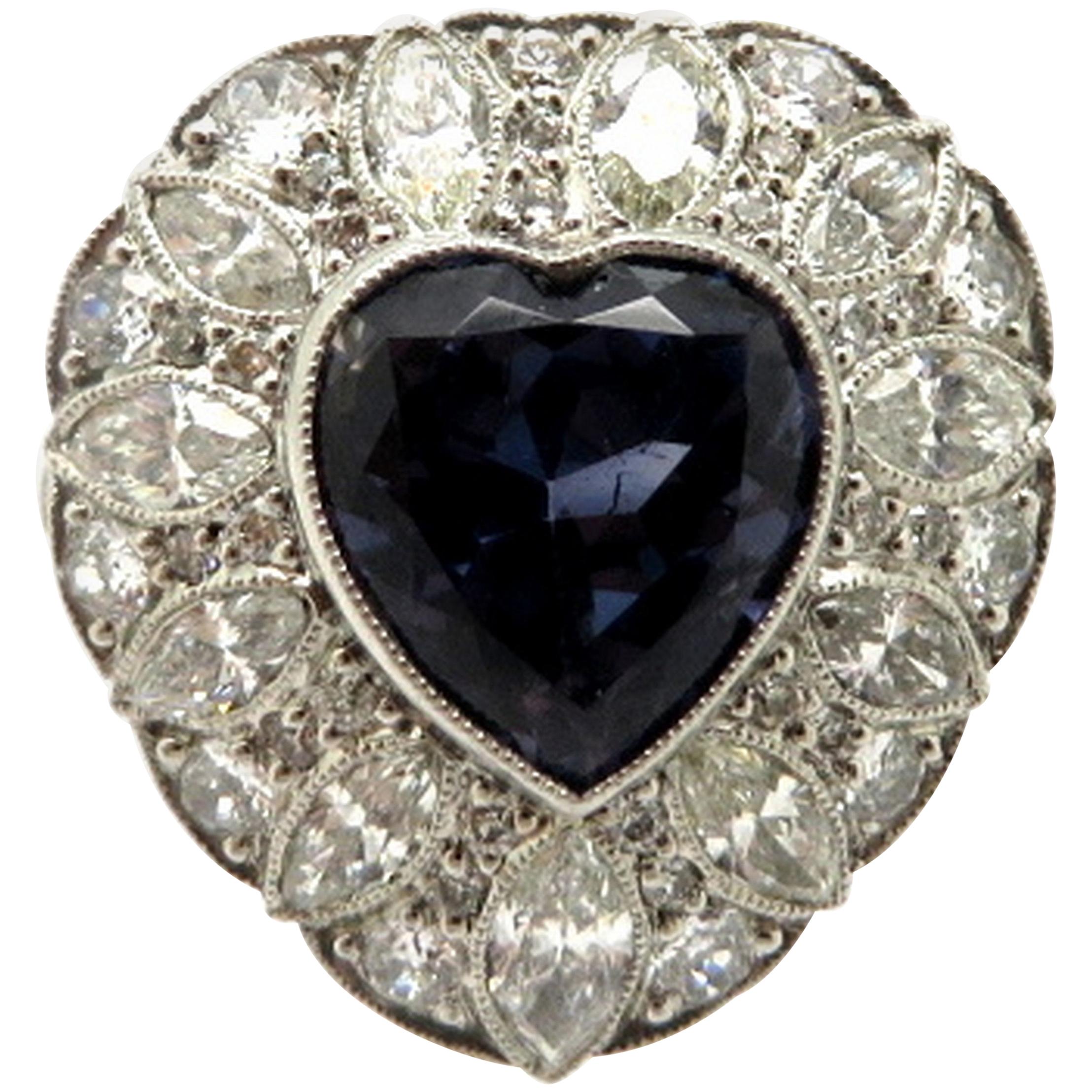 Platinum GIA Certified Art Deco Style Bluish Violet Sapphire Heart Diamond Ring