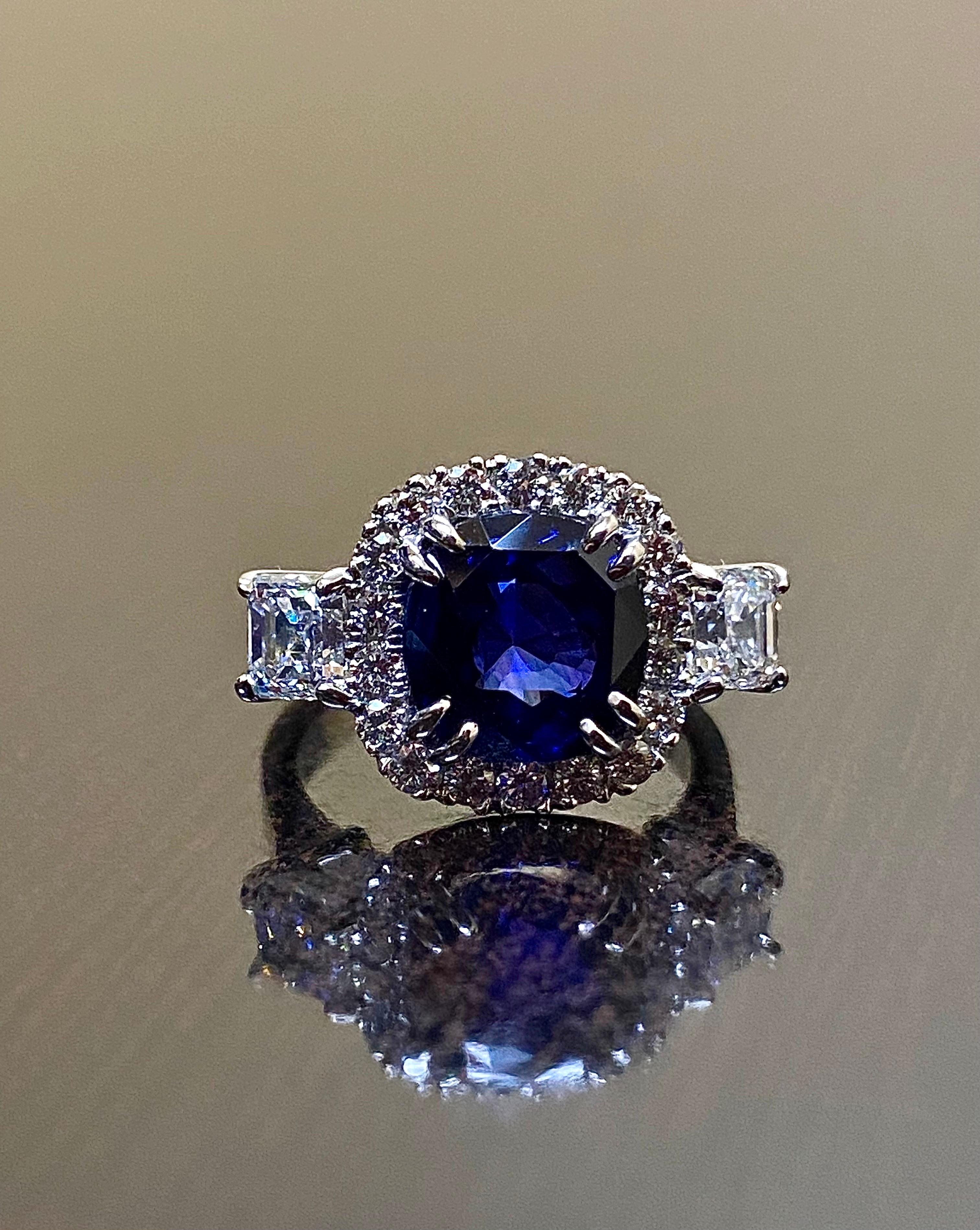 Women's Platinum GIA Certified Asscher Cut Diamond Halo Cushion Cut Blue Sapphire Ring For Sale