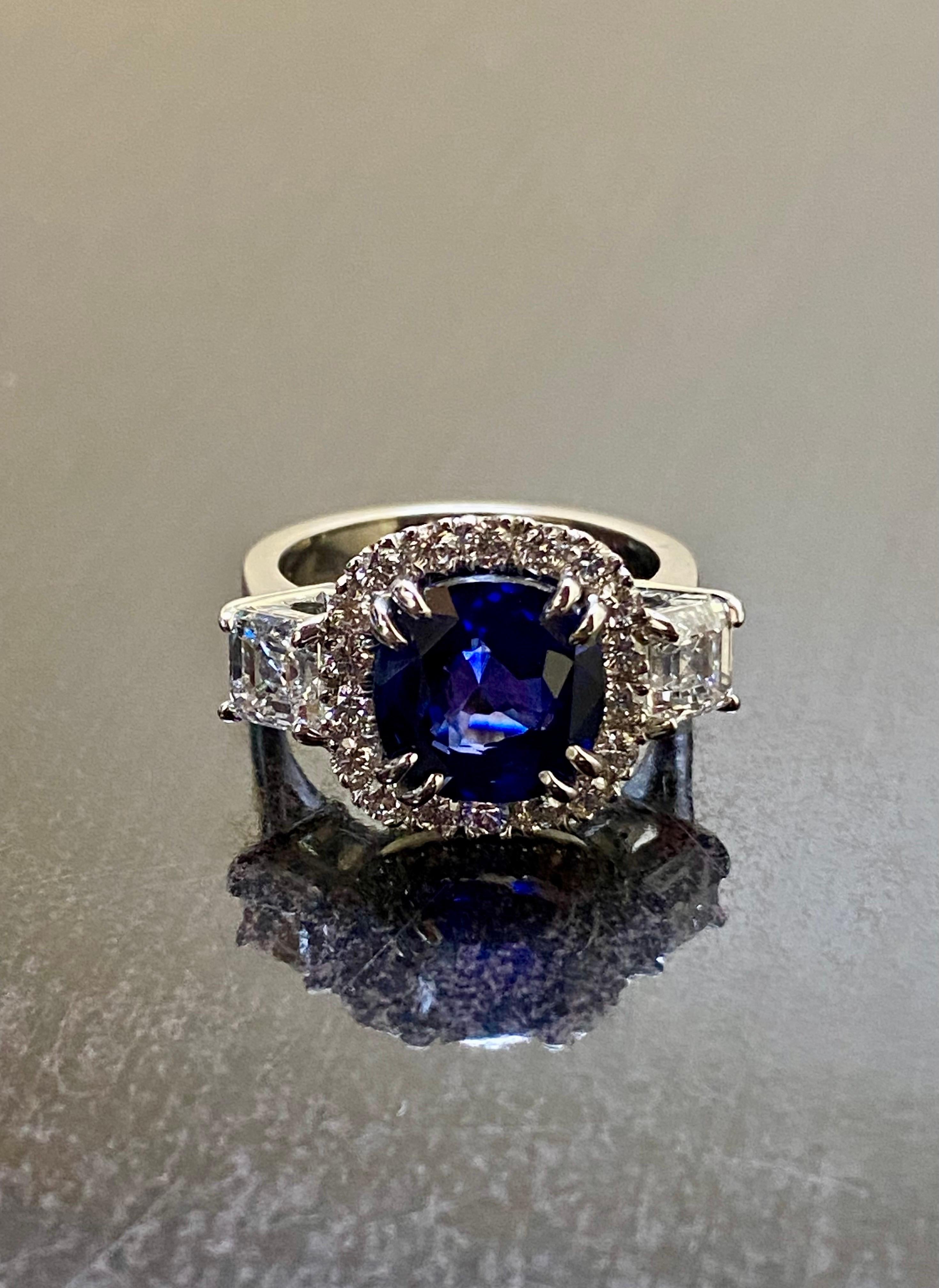 Platinum GIA Certified Asscher Cut Diamond Halo Cushion Cut Blue Sapphire Ring For Sale 1