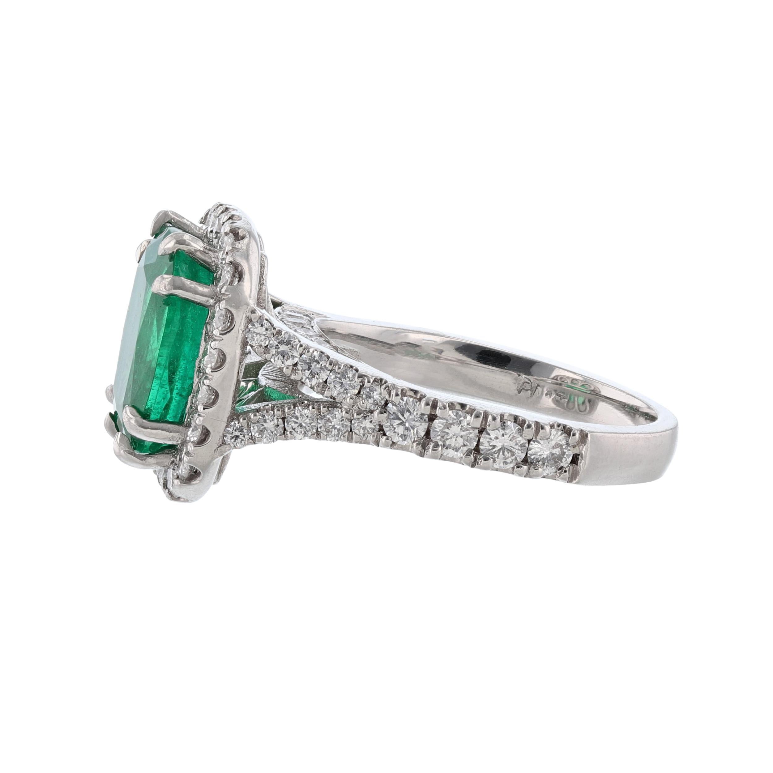 Modern Platinum GIA Certified Beryl Emerald Diamond Halo Ring For Sale