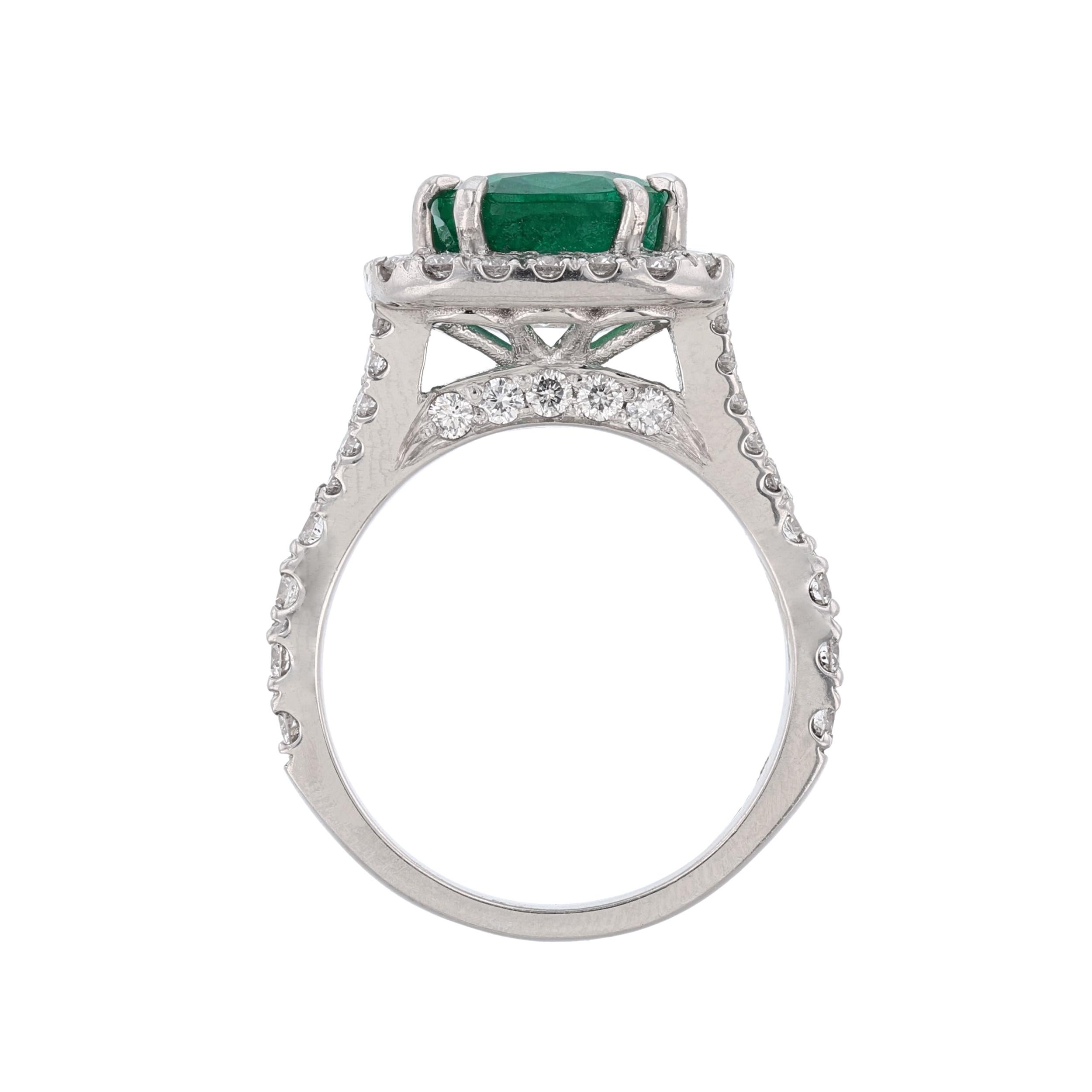 Cushion Cut Platinum GIA Certified Beryl Emerald Diamond Halo Ring For Sale