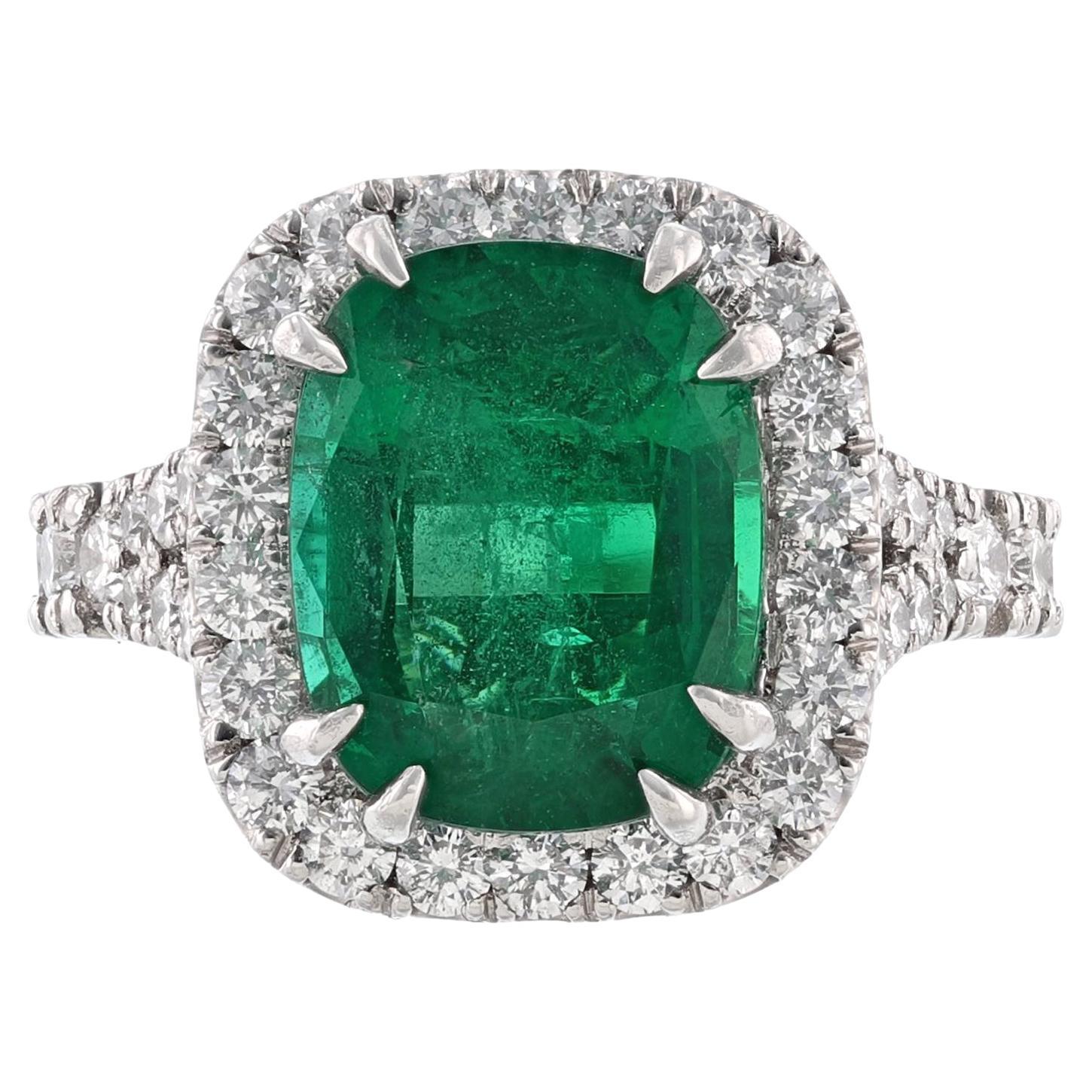 Platinum GIA Certified Beryl Emerald Diamond Halo Ring For Sale
