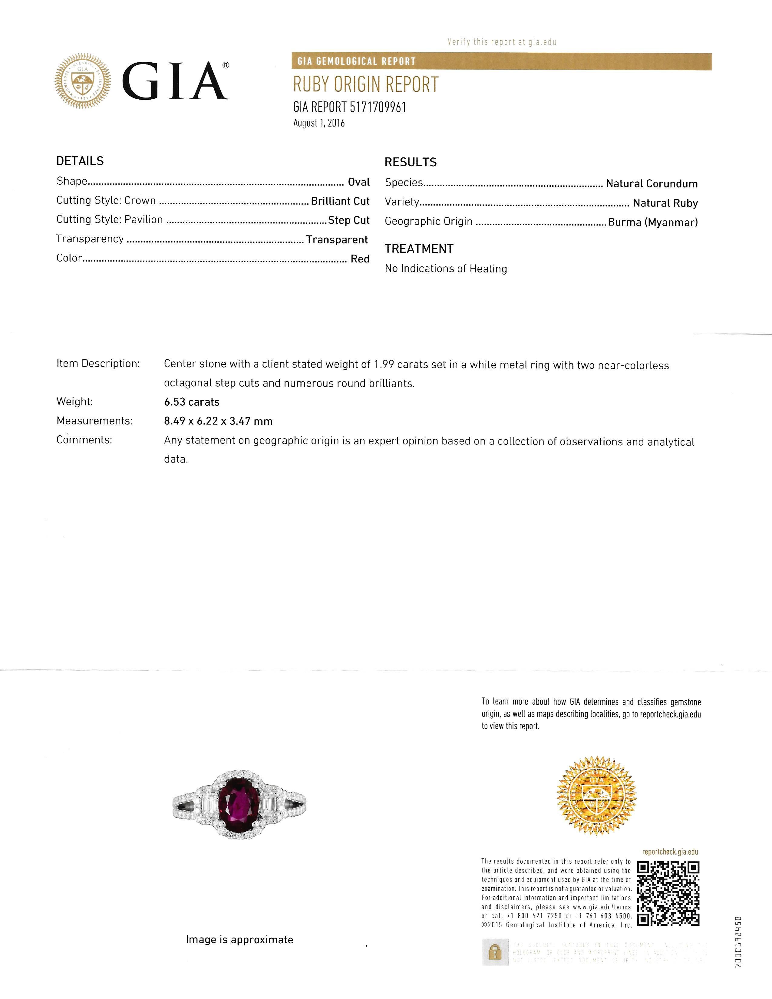 GIA certified Country of Origin Myanmar, one of a kind cocktail ring
The no-heat ruby was mined in the is Magok mines 
Burma ruby weighing 1.95 carats 
Two emerald cut diamonds weighing 0.40 carat
Surrounded by pave-set diamonds weighing 0.80 carats