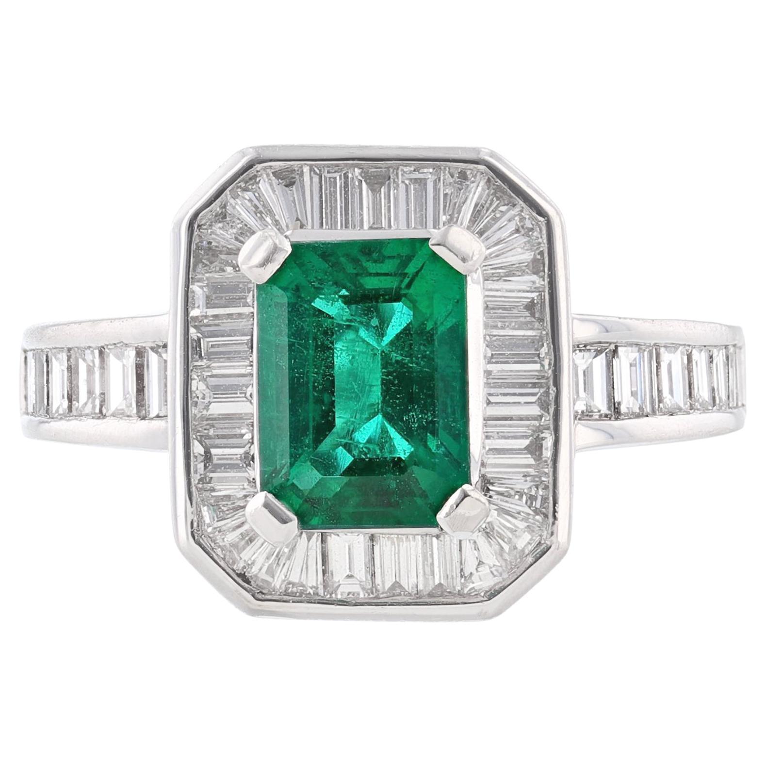 Platinum GIA Certified Emerald Baguette Diamond Ring For Sale