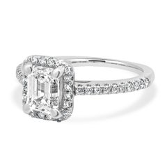 Platinum GIA Certified Emerald Cut and Round Diamond Halo Engagement Ring