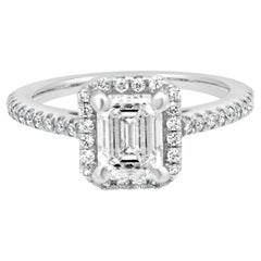 Platinum GIA Certified Emerald Cut and Round Diamond Halo Engagement Ring