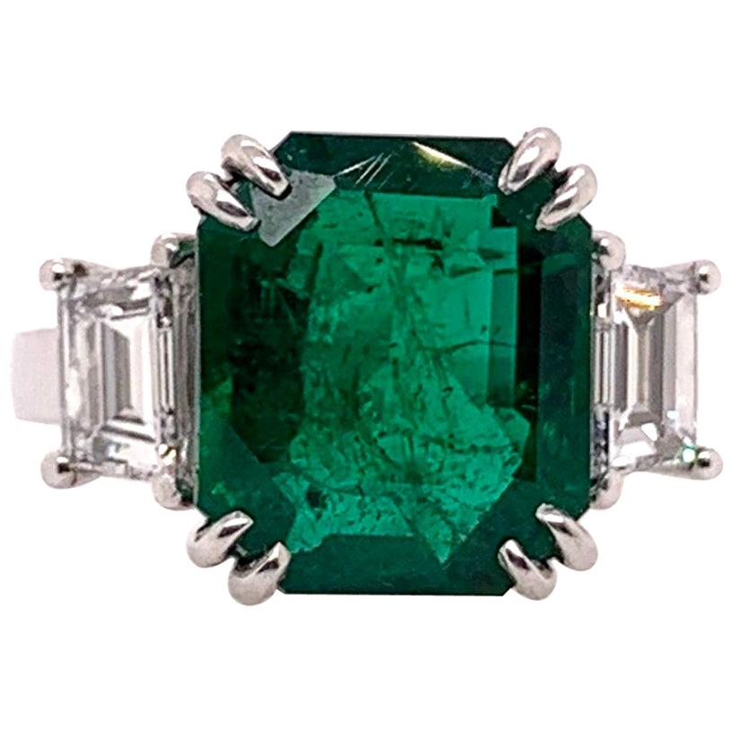 Platinum GIA Certified Emerald Ring with Diamonds 3-Stone Ring
