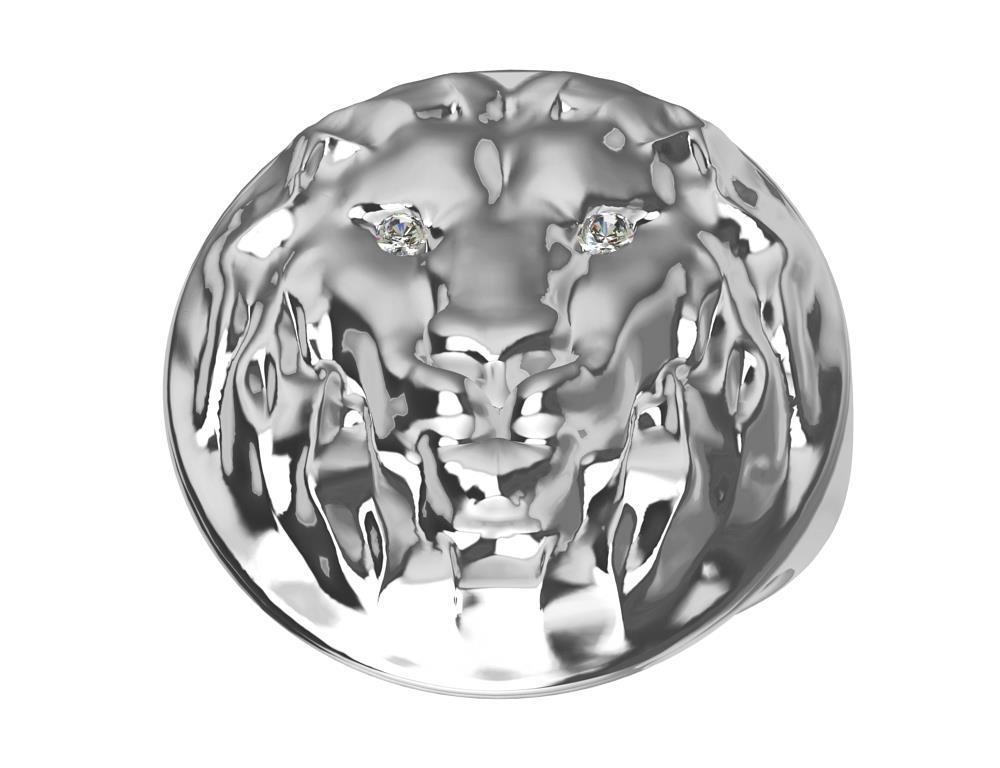En vente :  Bague sigillaire tête de lion en platine avec yeux de diamant GIA 5