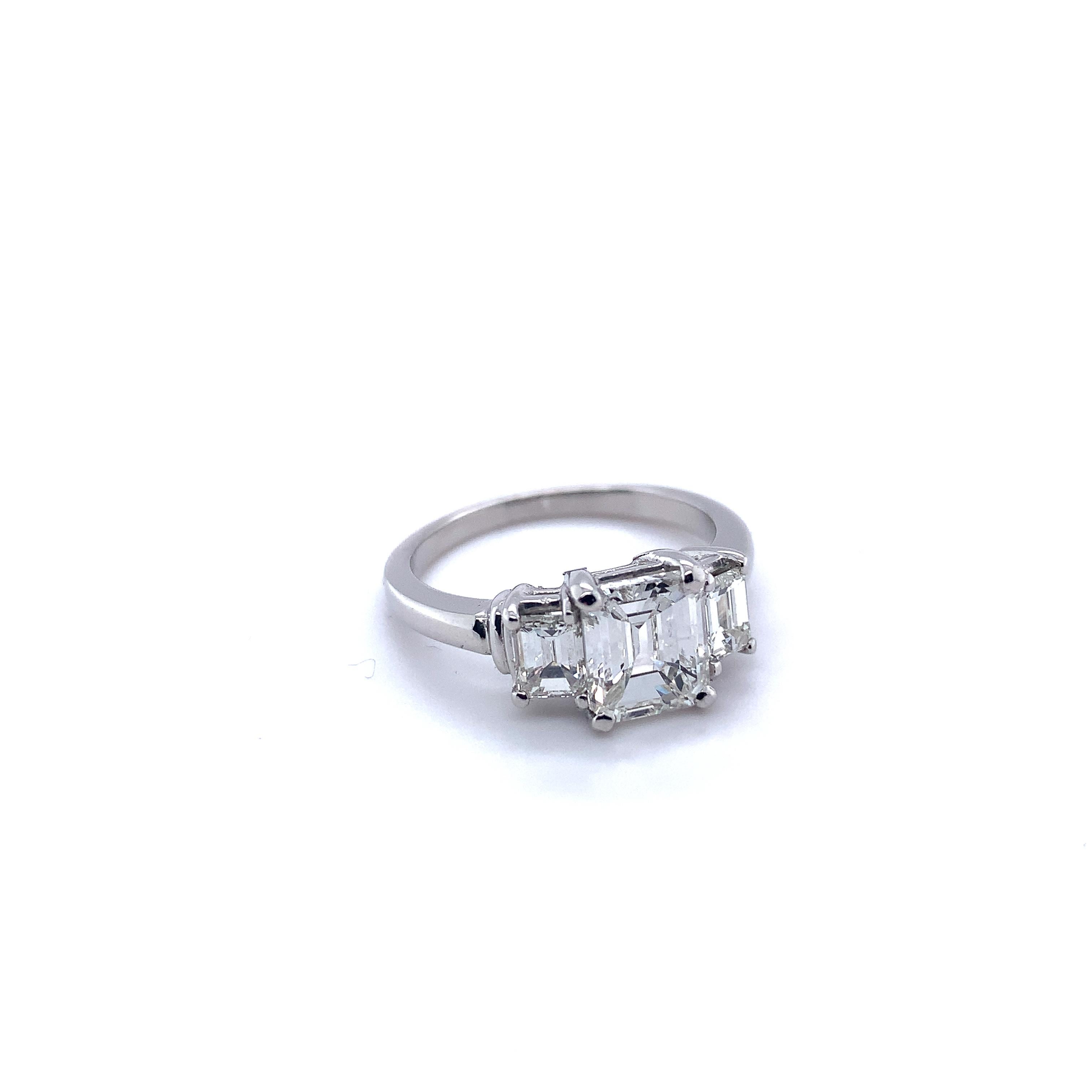 Platinum GIA Emerald Cut 2 Carat TW 3-Stone Genuine Natural Diamond Ring #J4938 In Excellent Condition In Big Bend, WI