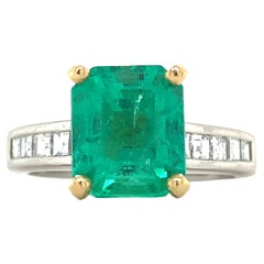 Platinum GIA Emerald Cut Colombian Emerald W/ Asscher Cut Diamond Ring