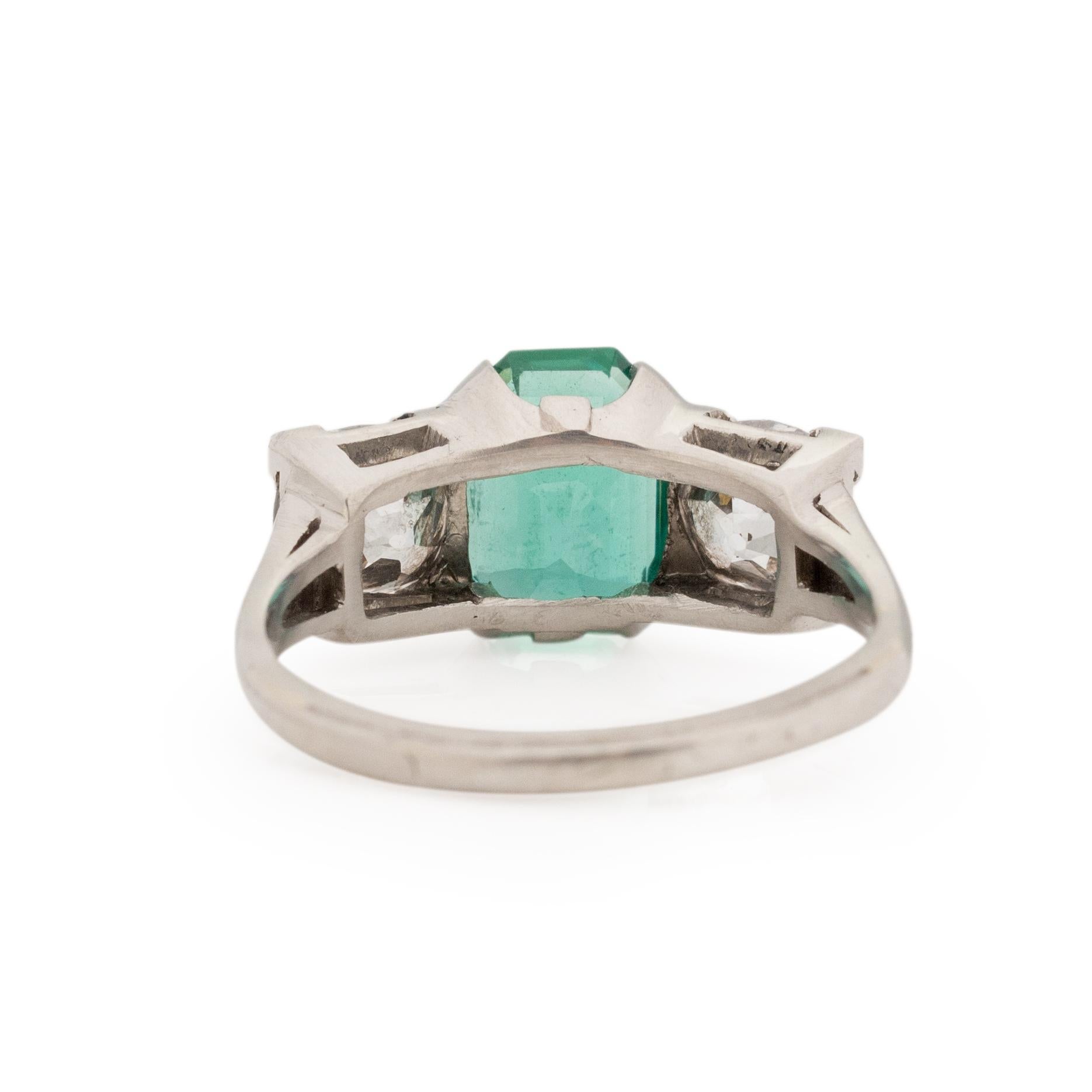 Art Deco Platinum GIA F1 Natural Zambian Emerald & Diamond Three Stone Engagement Ring  For Sale