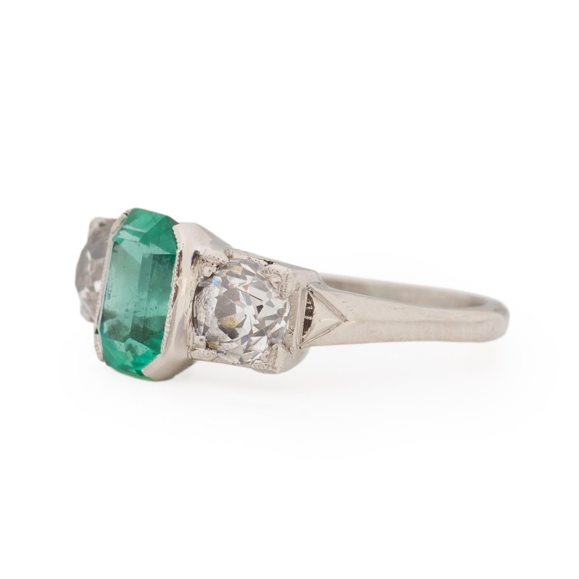 Emerald Cut Platinum GIA F1 Natural Zambian Emerald & Diamond Three Stone Engagement Ring  For Sale