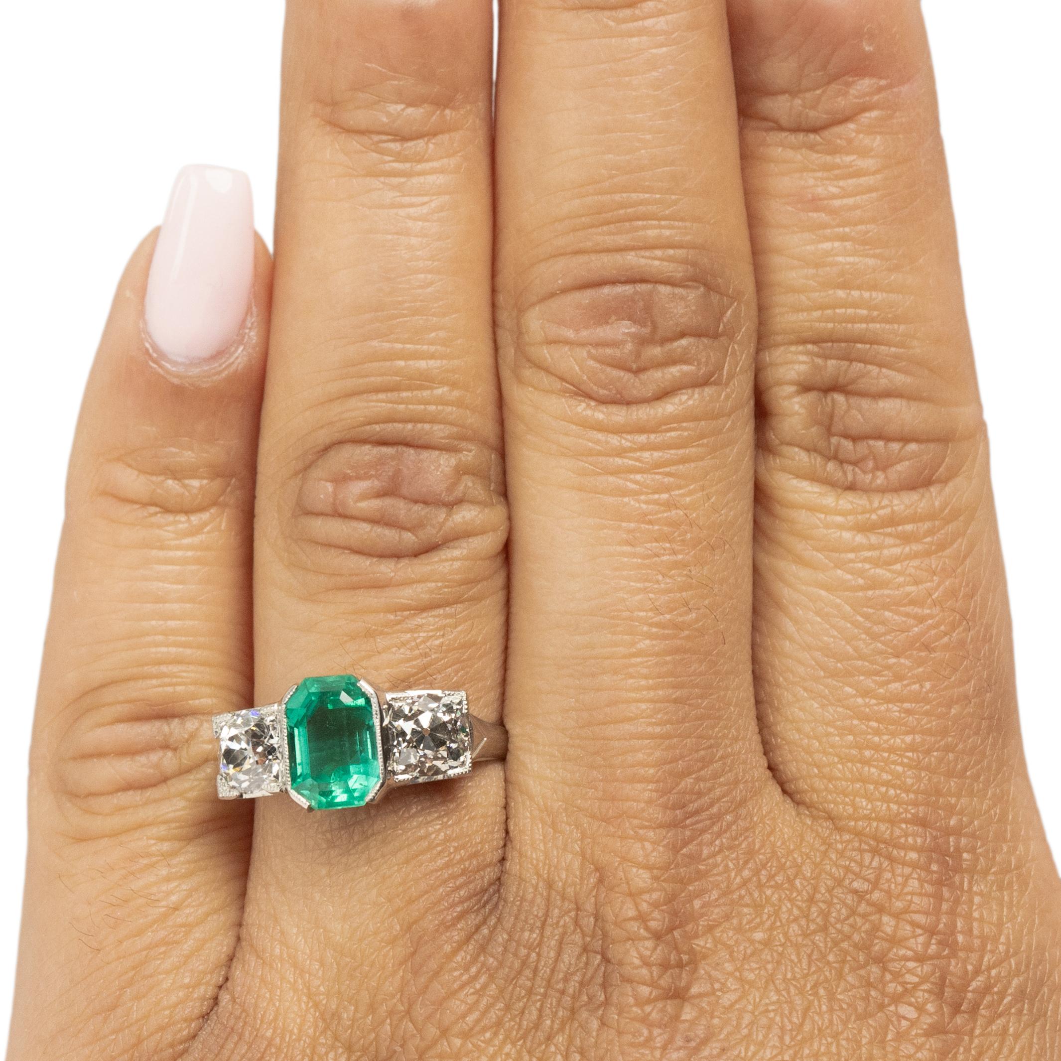 Platinum GIA F1 Natural Zambian Emerald & Diamond Three Stone Engagement Ring  In Good Condition For Sale In Addison, TX