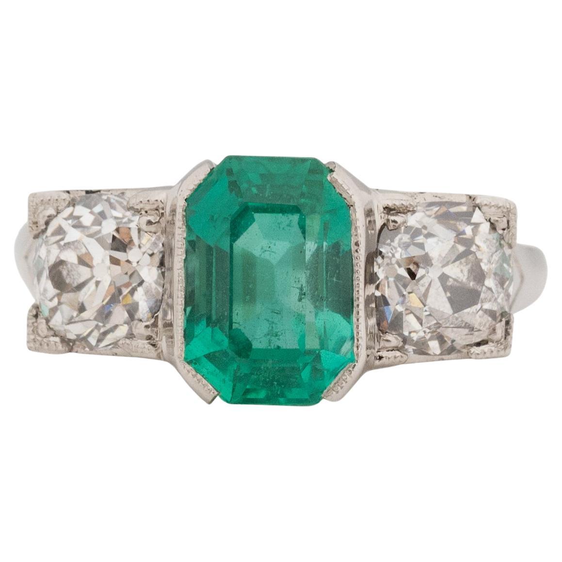 Platinum GIA F1 Natural Zambian Emerald & Diamond Three Stone Engagement Ring  For Sale