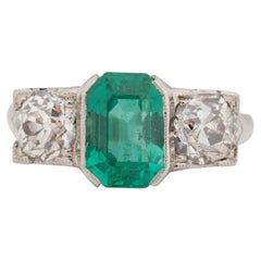Platinum GIA F1 Natural Zambian Emerald & Diamond Three Stone Engagement Ring 