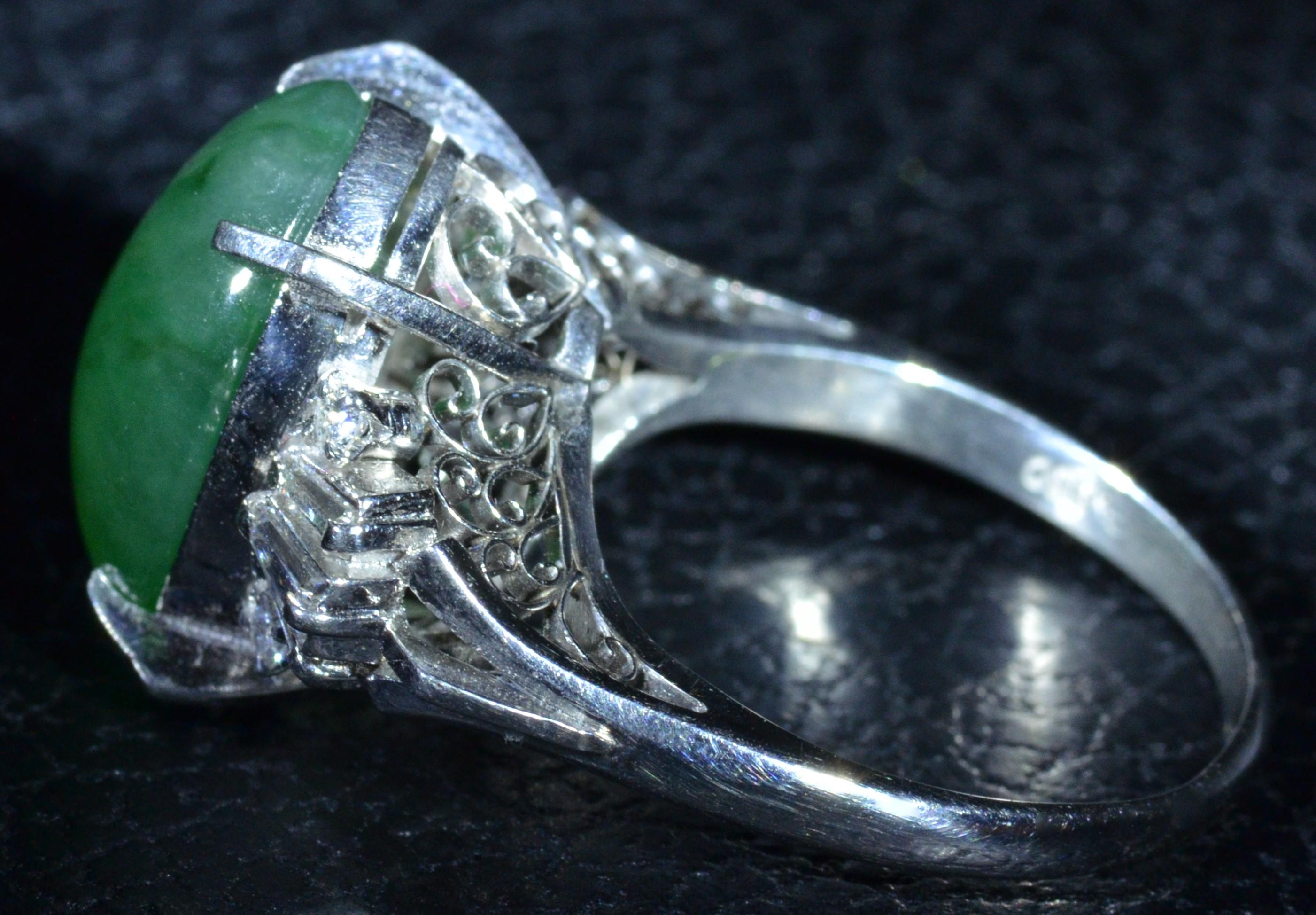 Oval Cut Platinum GIA Graded 12 Carat Natural Jadeite Jade Ring Set with Diamonds For Sale