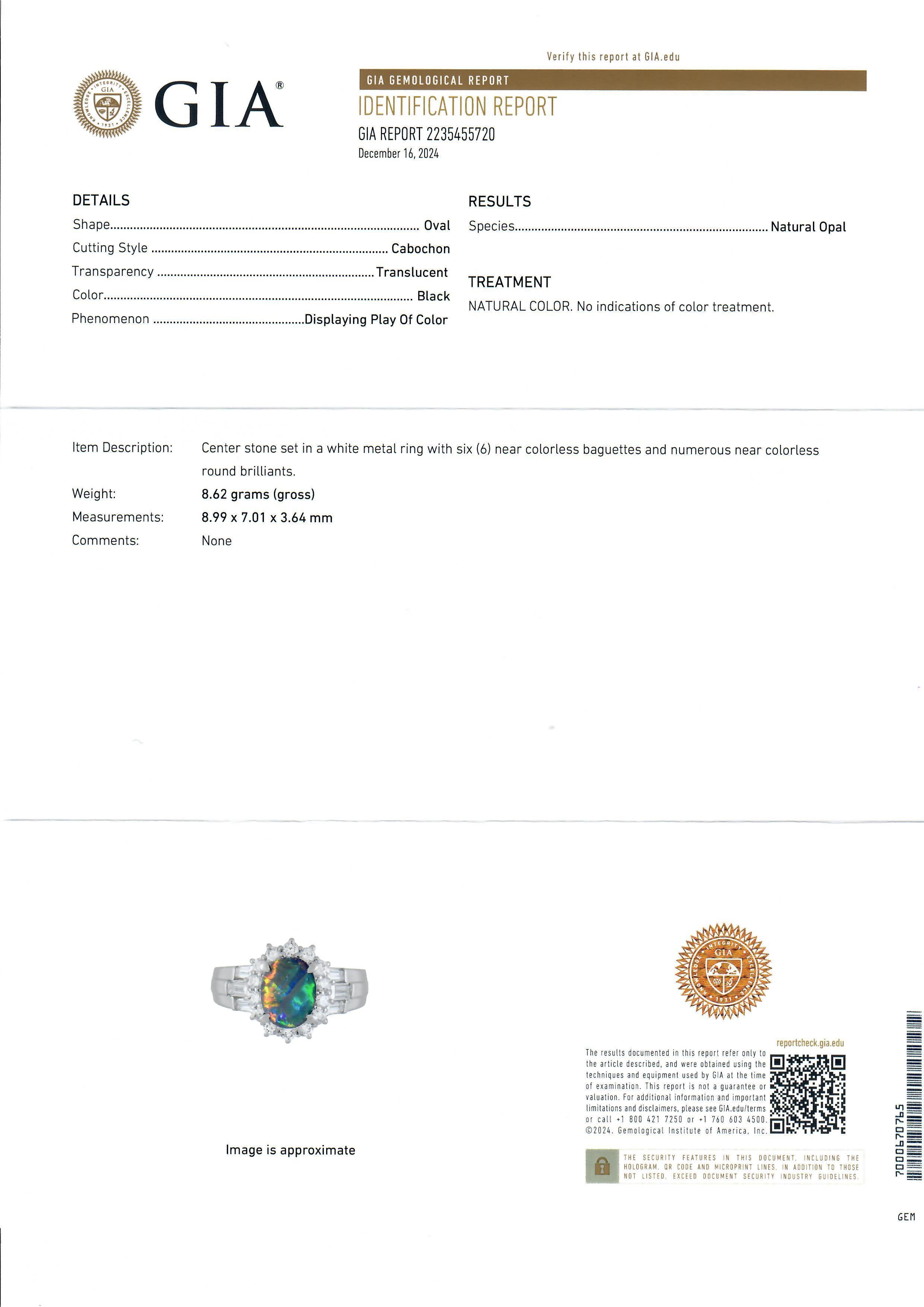Platinum GIA Graded 2.27ctw Oval Cut Black Opal & Diamond Cocktail Ring For Sale 5