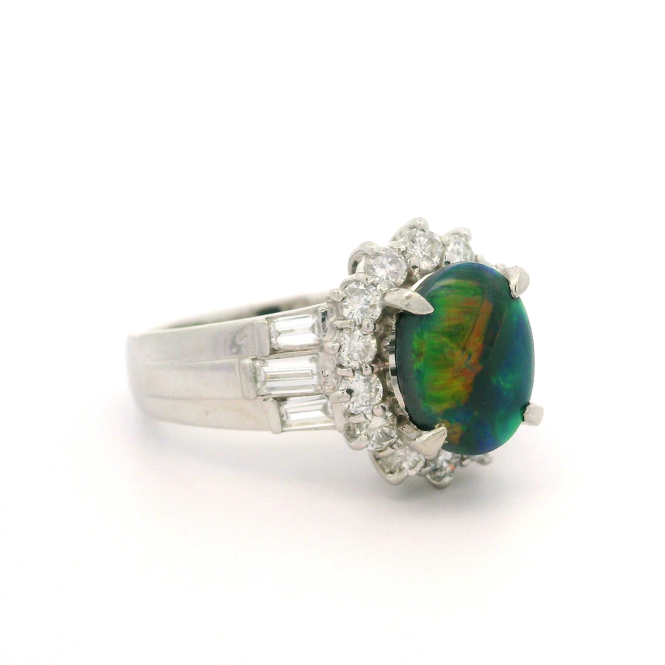 Cabochon Platinum GIA Graded 2.27ctw Oval Cut Black Opal & Diamond Cocktail Ring For Sale