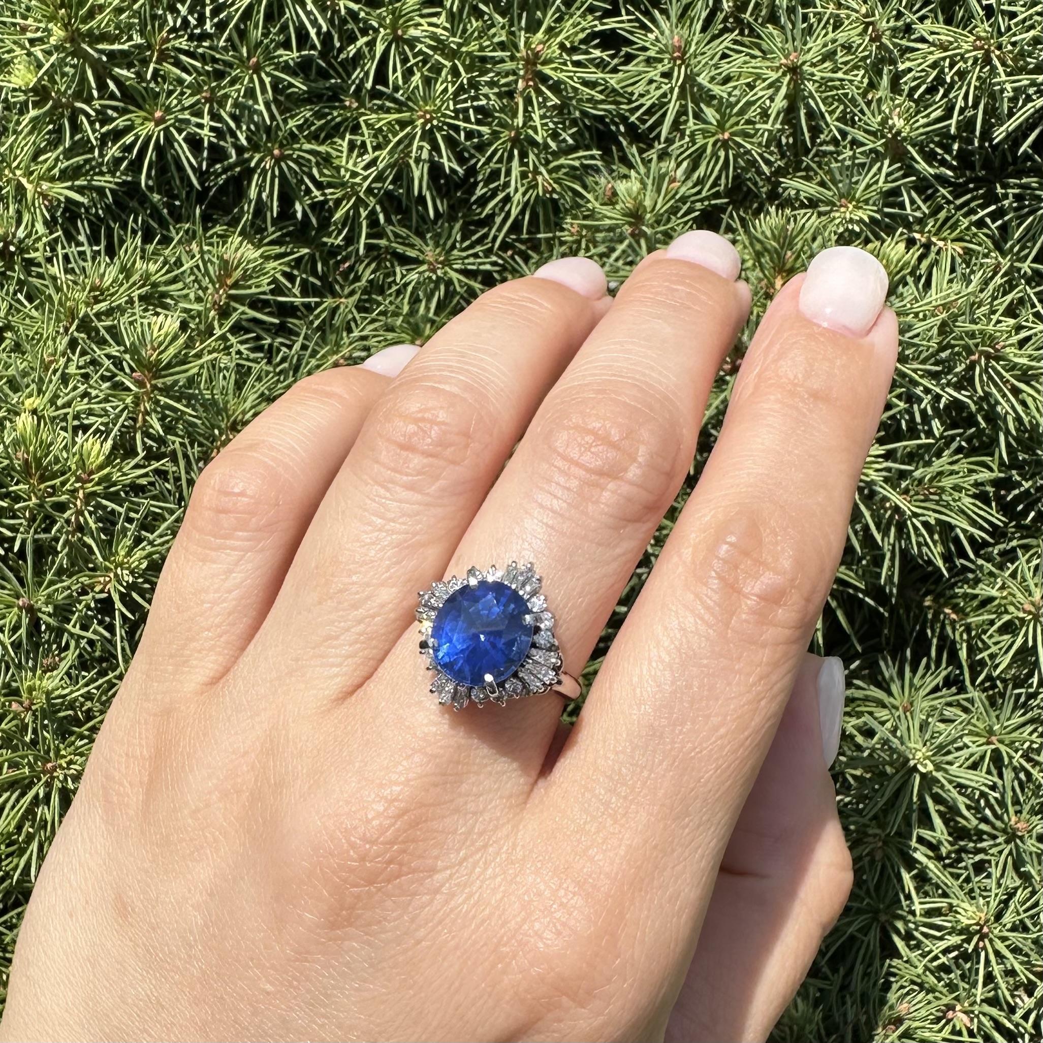 Platinum GIA Graded 5.93ctw Oval Royal Blue Sapphire & Diamond Target Ring In Excellent Condition For Sale In Montclair, NJ