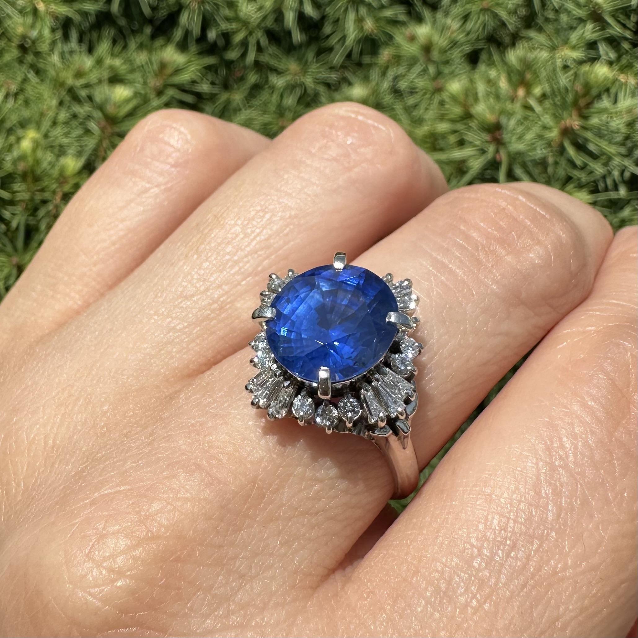 Platinum GIA Graded 5.93ctw Oval Royal Blue Sapphire & Diamond Target Ring For Sale 2