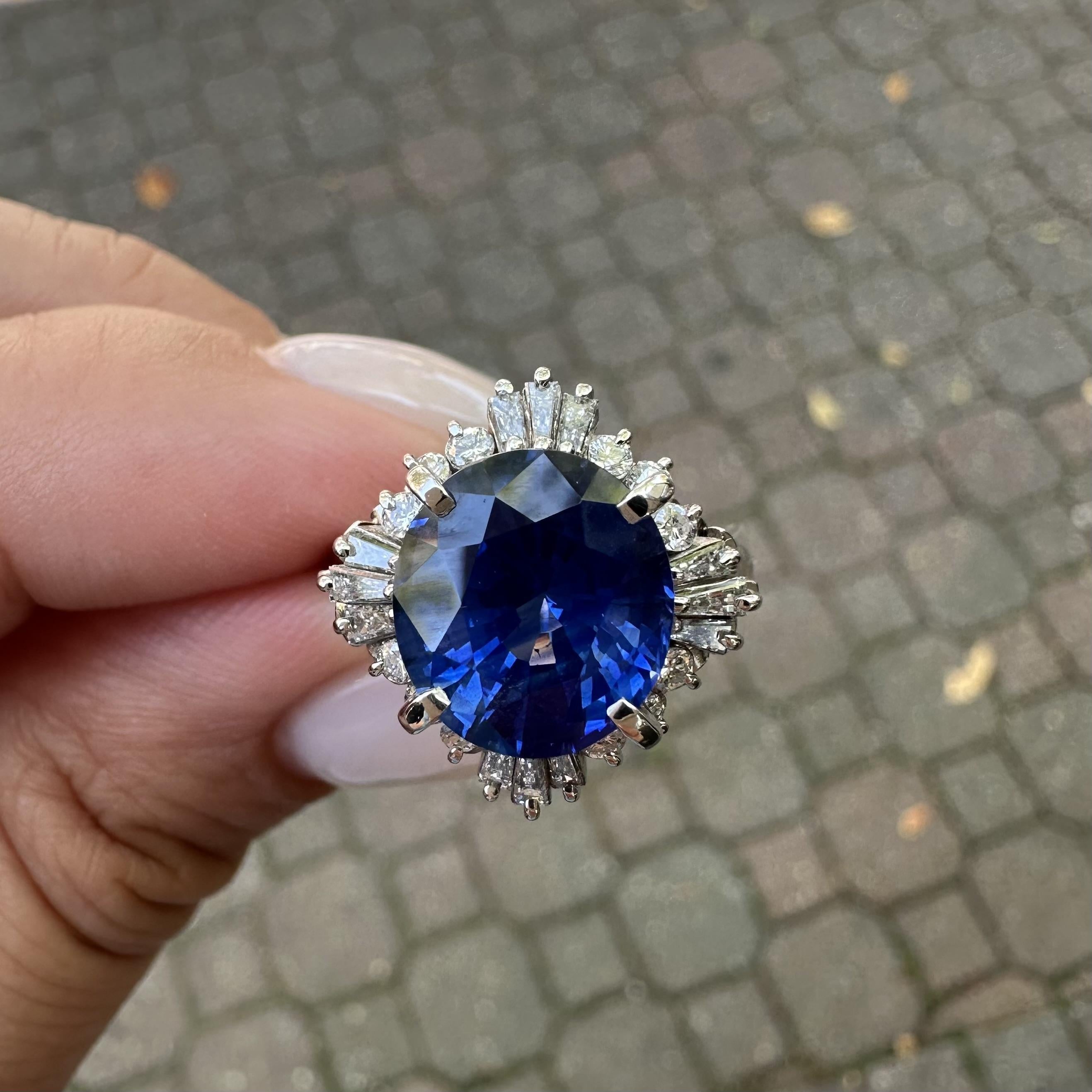Platinum GIA Graded 5.93ctw Oval Royal Blue Sapphire & Diamond Target Ring For Sale 3