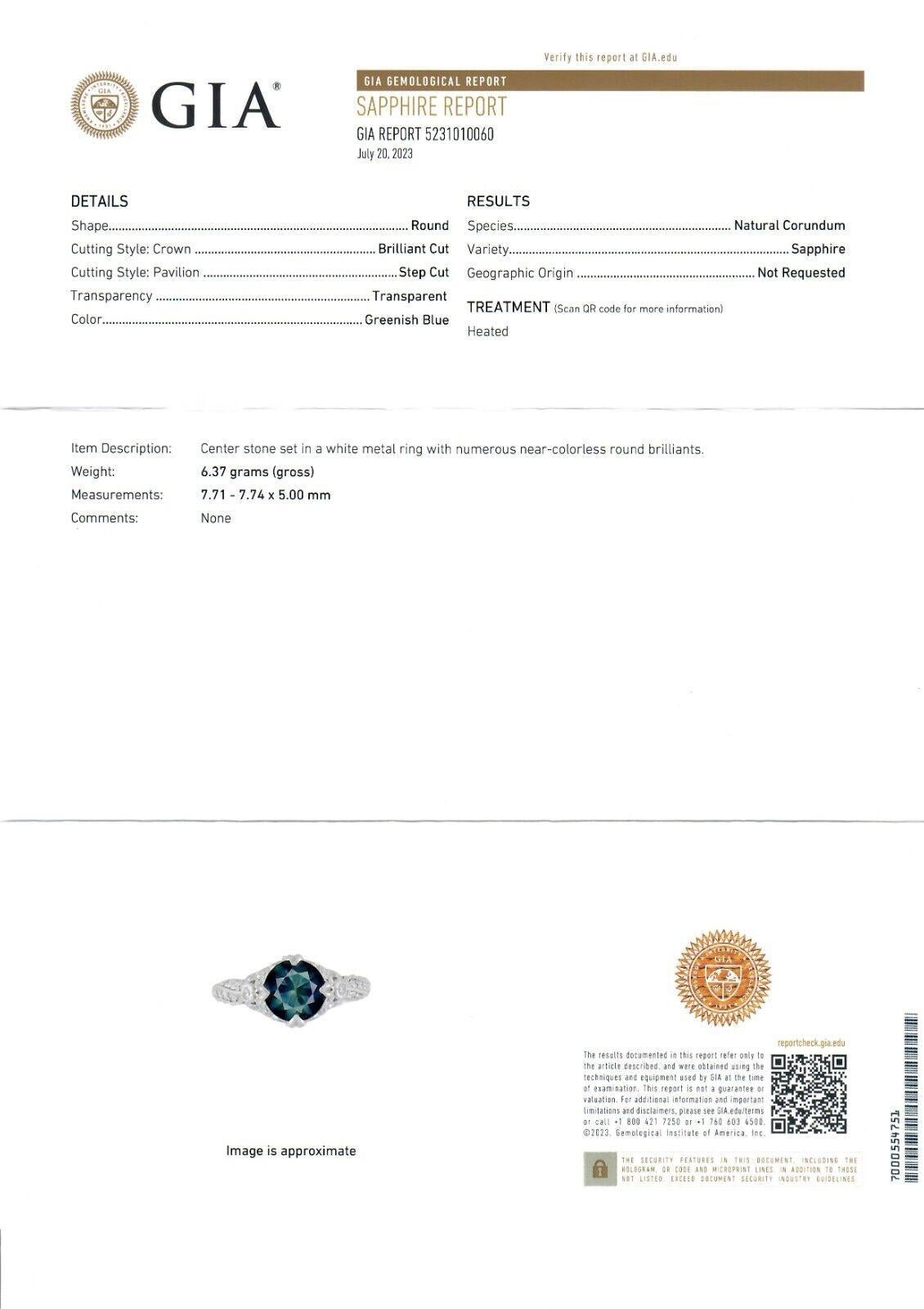 Bague solitaire en platine, saphir rond bleu verdâtre certifié GIA avec ruban de diamants sur les côtés en vente 6