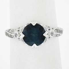 Platinum GIA Greenish Blue Round Sapphire Solitaire Ring w/ Diamond Ribbon Sides
