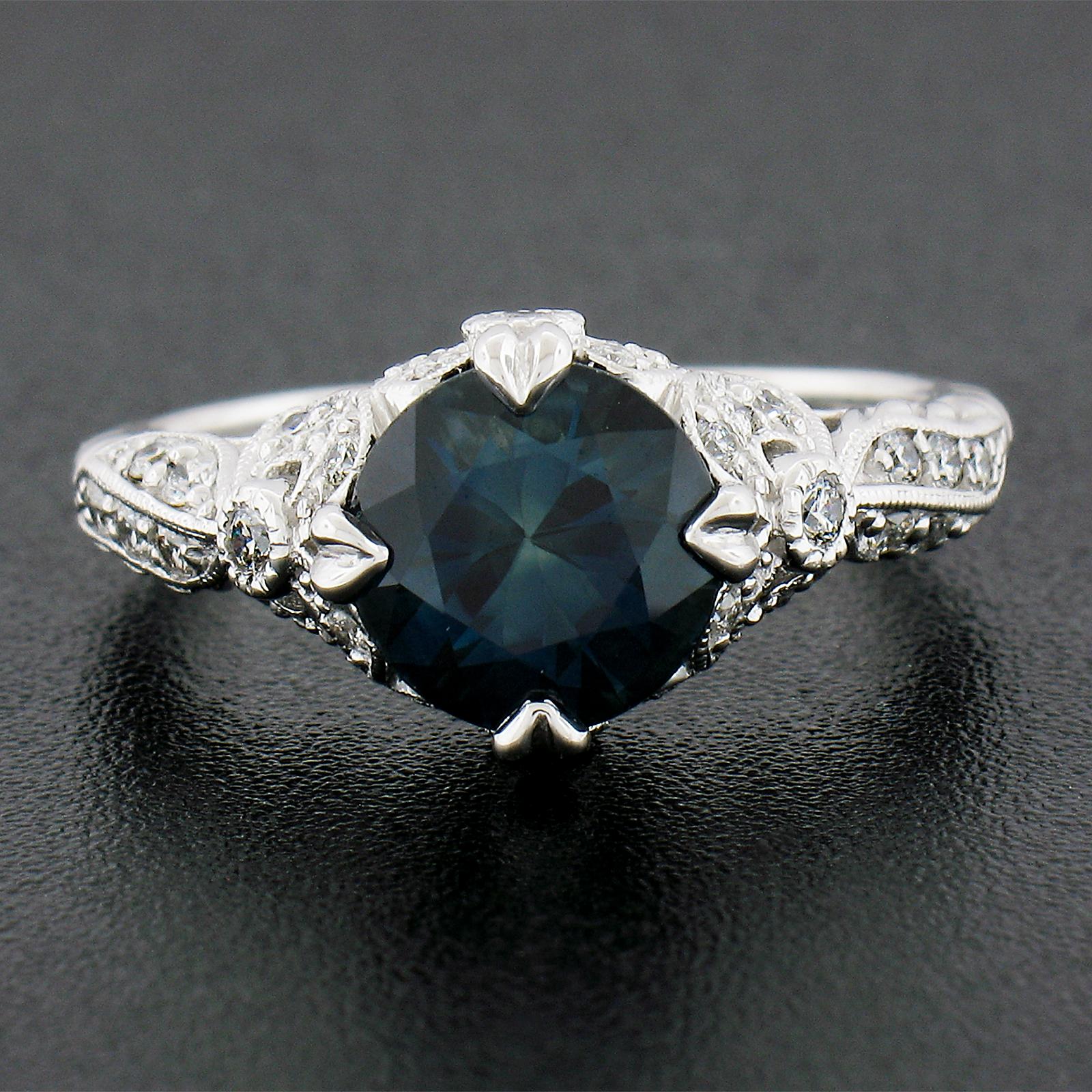 Round Cut Platinum GIA Greenish Blue Round Sapphire Solitaire Ring w/ Diamond Ribbon Sides For Sale