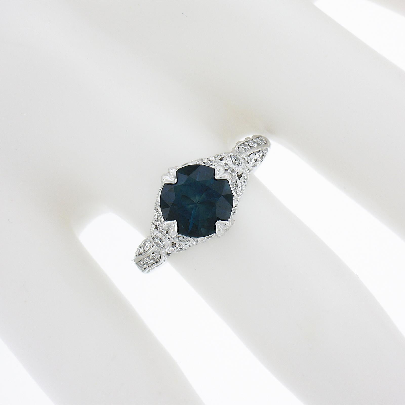 Platinum GIA Greenish Blue Round Sapphire Solitaire Ring w/ Diamond Ribbon Sides In Excellent Condition For Sale In Montclair, NJ