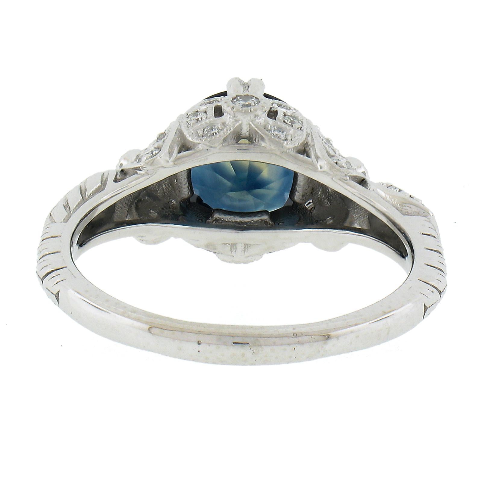 Platinum GIA Greenish Blue Round Sapphire Solitaire Ring w/ Diamond Ribbon Sides For Sale 2