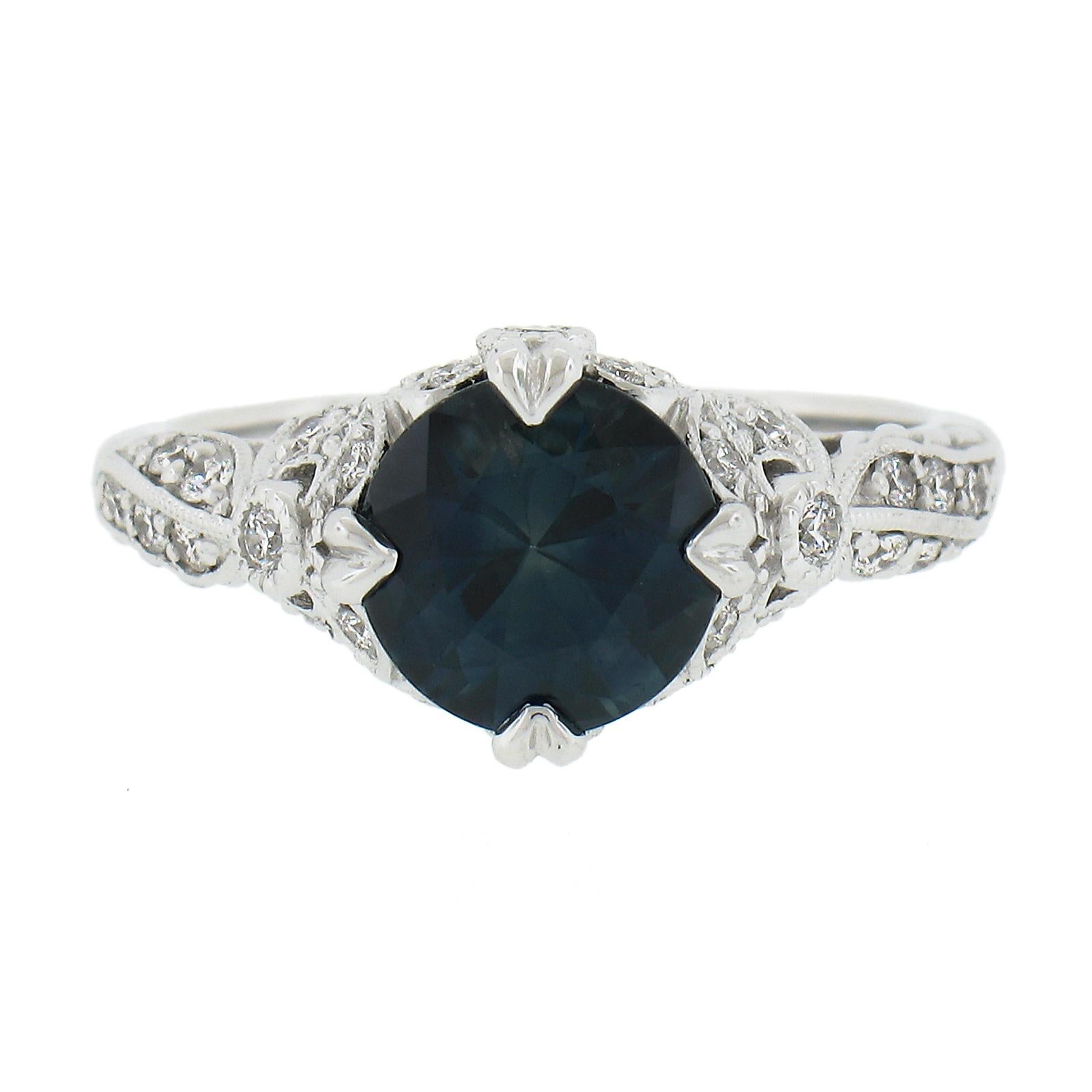 Platinum GIA Greenish Blue Round Sapphire Solitaire Ring w/ Diamond Ribbon Sides