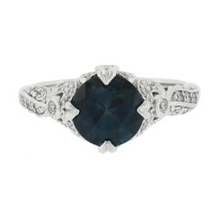 Platin GIA Grüner Blauer runder Saphir Solitär Ring mit Diamantband Seiten