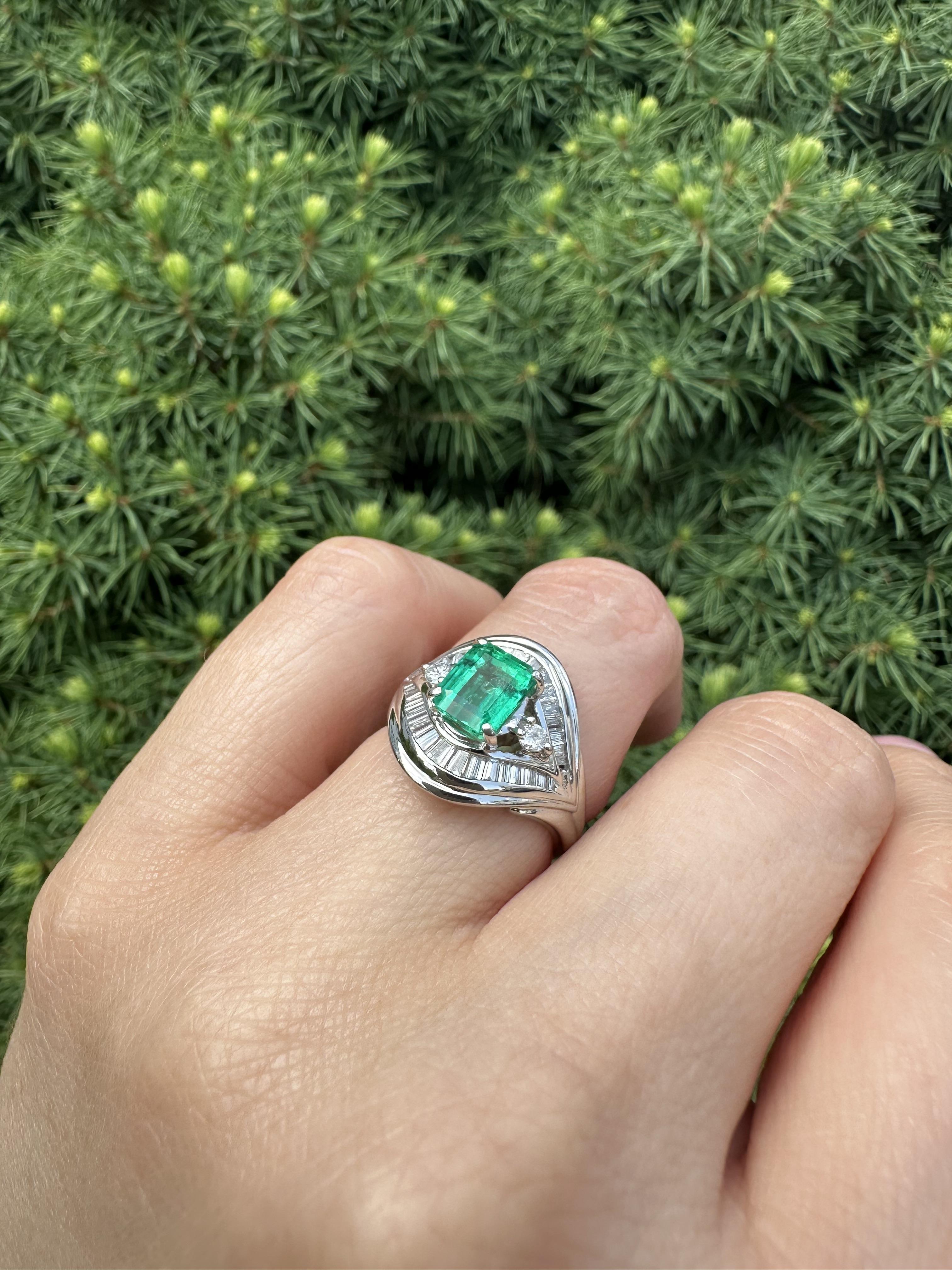 Platinum GIA High Quality 2ctw Colombian Emerald w/ Diamond Flared Ring For Sale 6