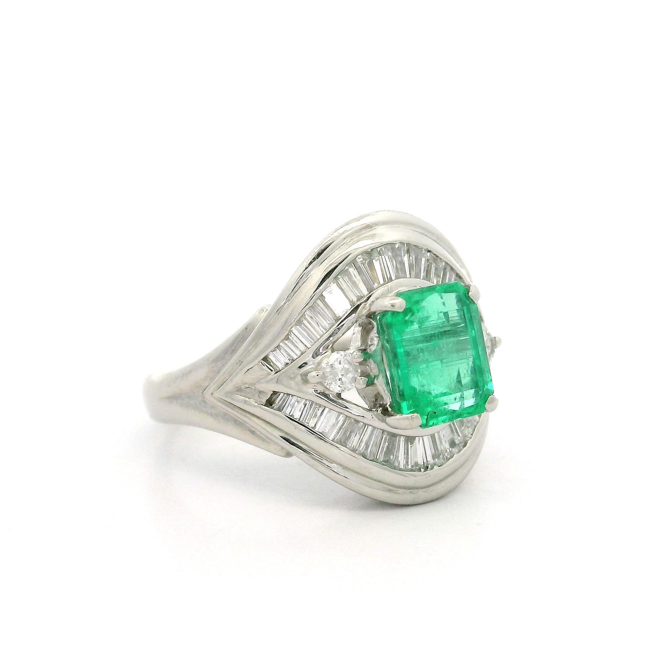 Platinum GIA High Quality 2ctw Colombian Emerald w/ Diamond Flared Ring For Sale 8