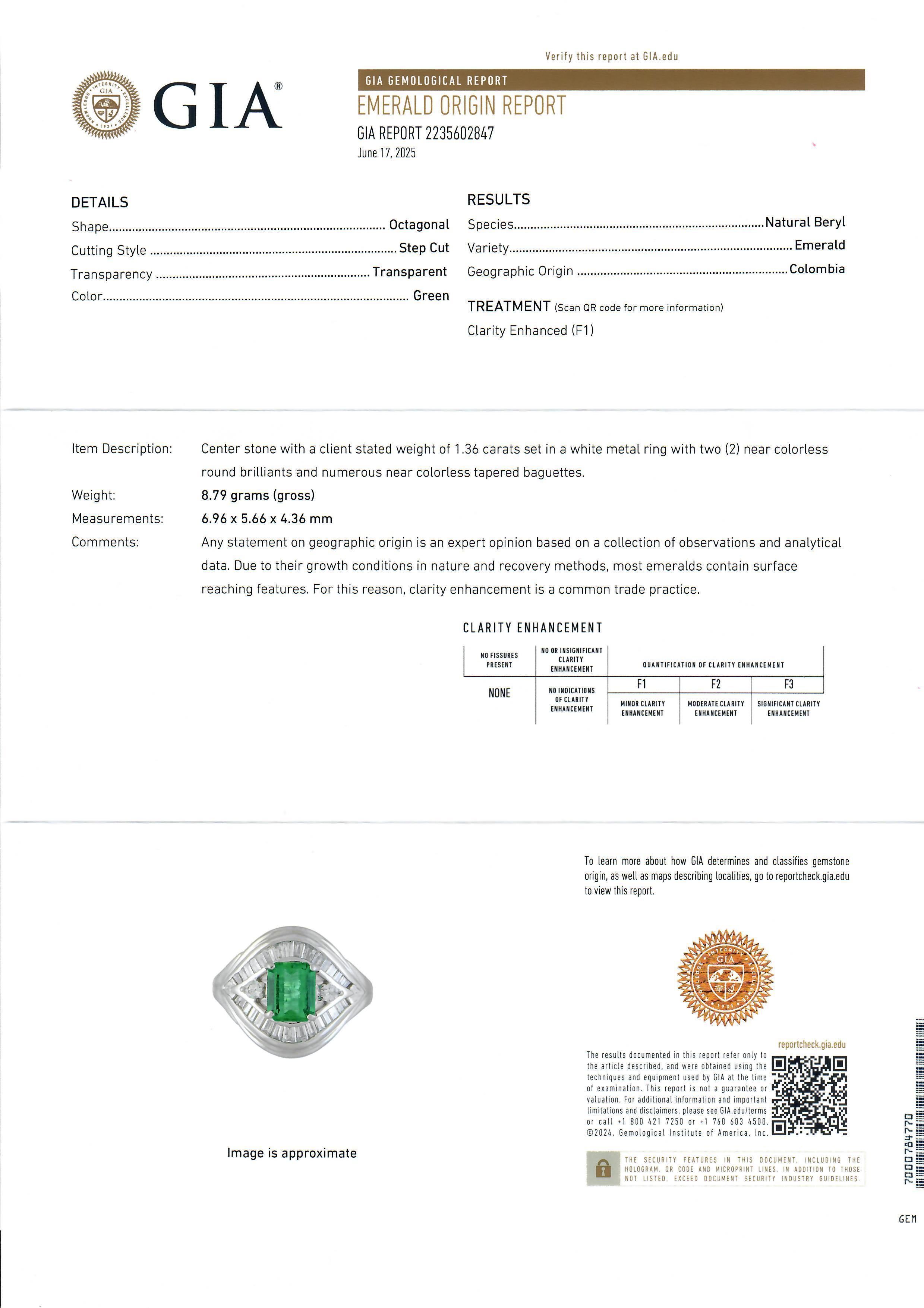 --Stone(s):--
(1) Natural Genuine Emerald - Octagonal Step Cut - Prong Set - High Quality - Very Fiery - Vivid Clean Green Color - Colombian -1.36ct (exact)
** See Certification Details Below for Complete Info ** 
Numerous Natural Genuine Diamonds -