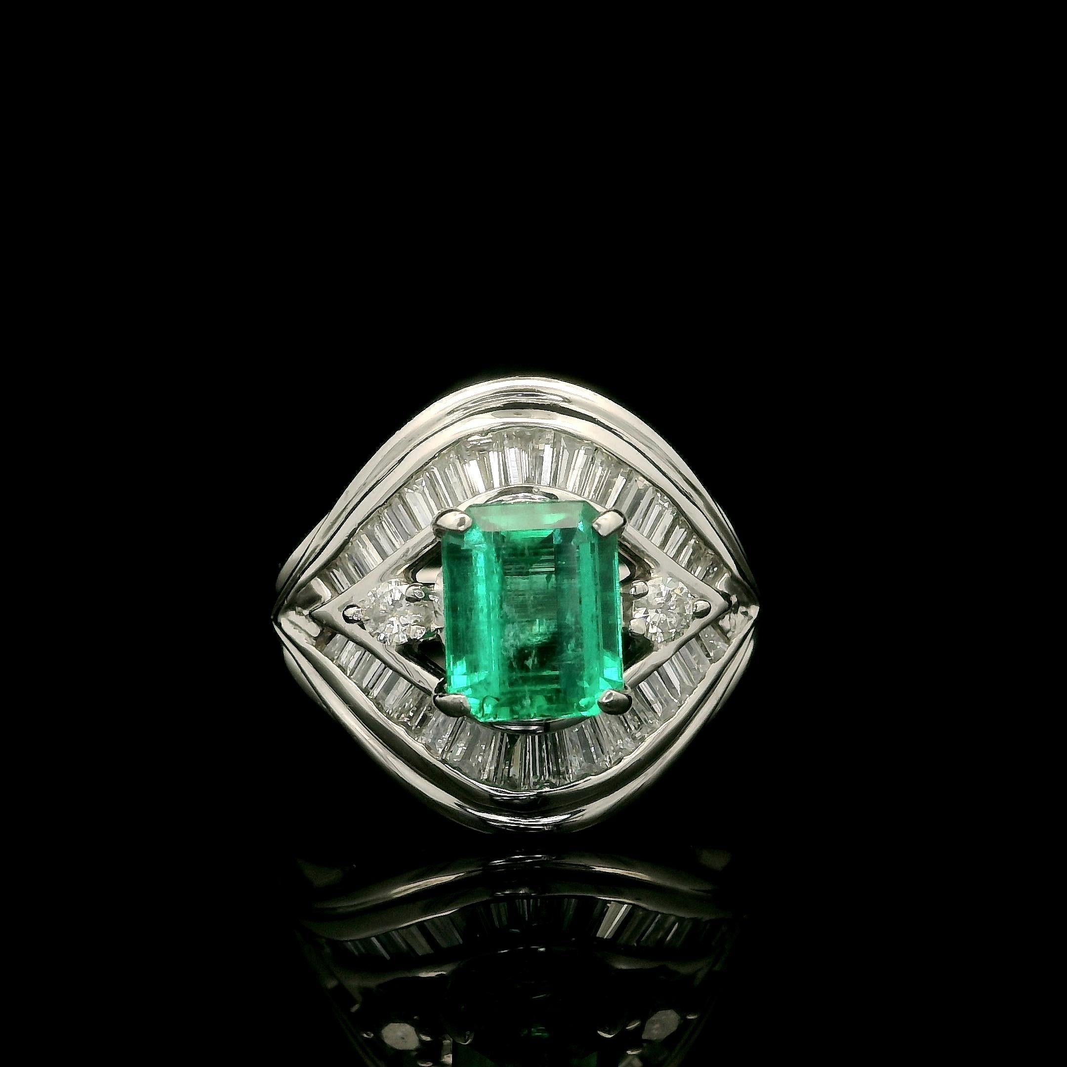 Baguette Cut Platinum GIA High Quality 2ctw Colombian Emerald w/ Diamond Flared Ring For Sale
