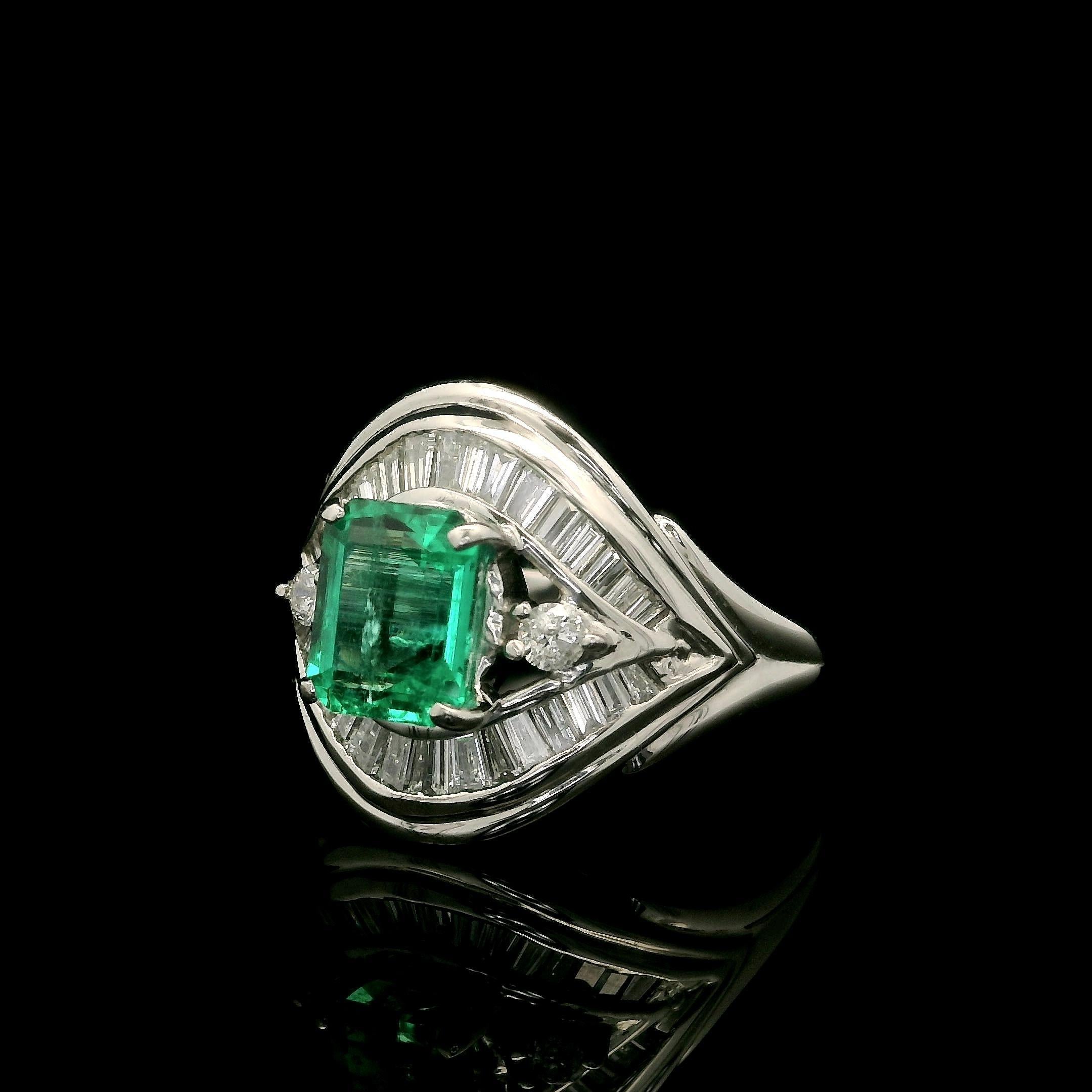 Platinum GIA High Quality 2ctw Colombian Emerald w/ Diamond Flared Ring For Sale 1