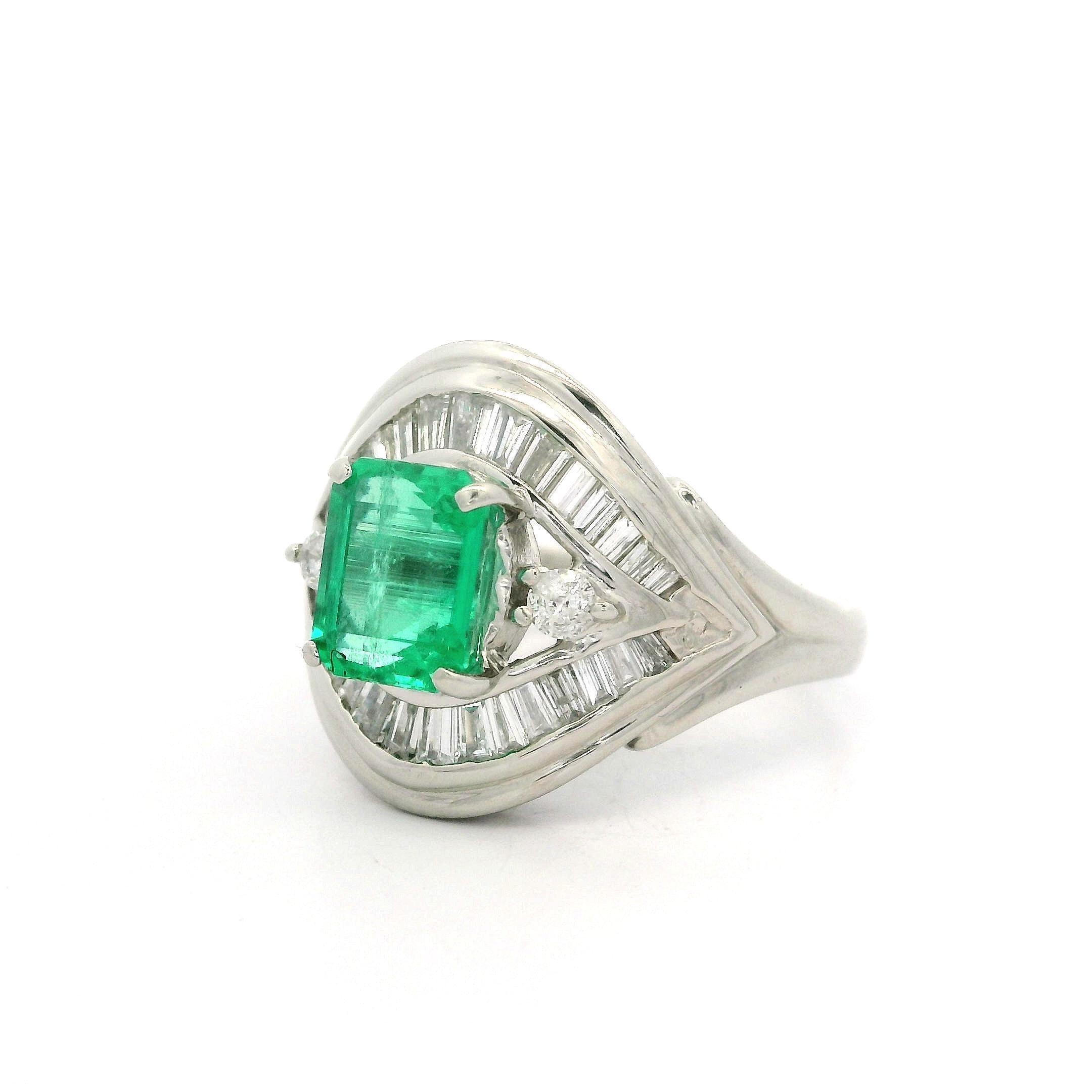 Platinum GIA High Quality 2ctw Colombian Emerald w/ Diamond Flared Ring For Sale 3