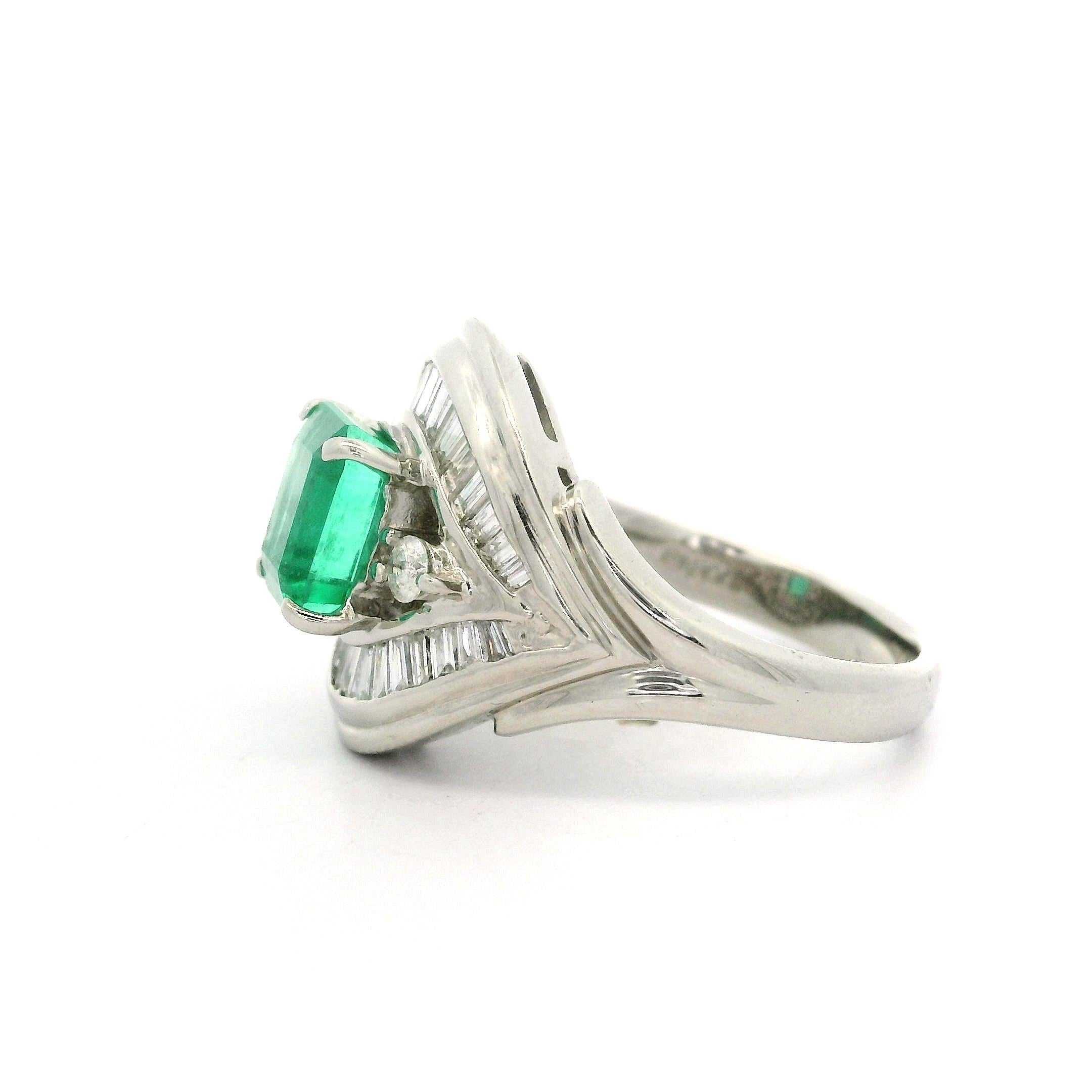 Platinum GIA High Quality 2ctw Colombian Emerald w/ Diamond Flared Ring For Sale 4