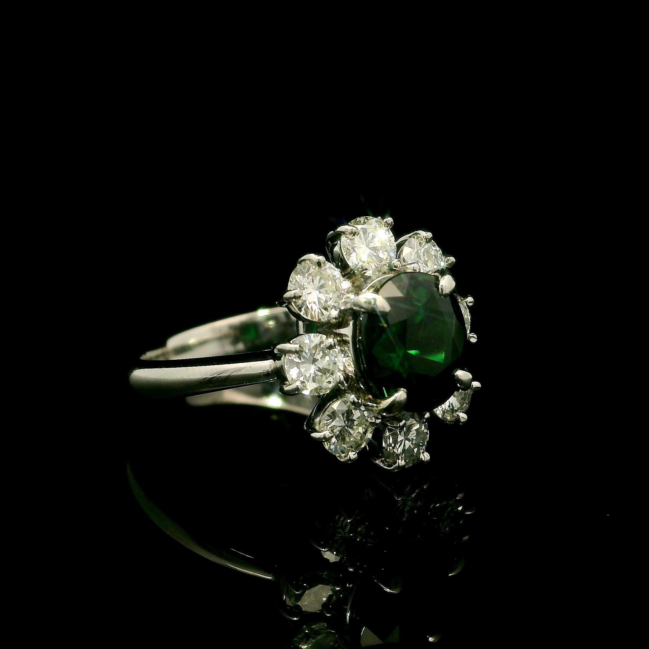 Platinum GIA High Quality 3.21ctw Tsavorite w/ Diamond Halo Flower Cluster Ring en vente 9